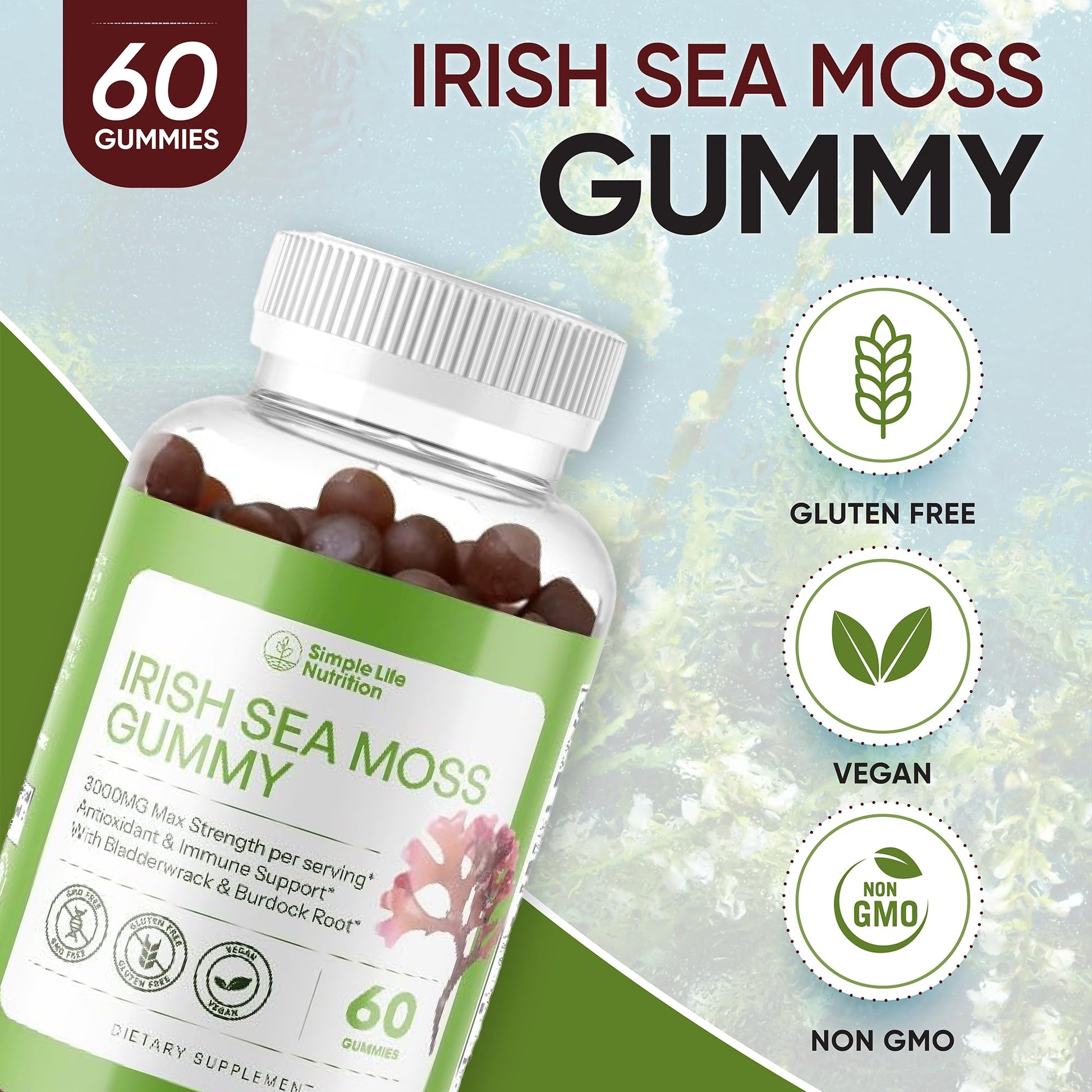 Simple Life Nutrition Organic Irish Sea Moss Gummies - Burdock Root and Bladderwrack Natural Blend - Immune System Gut Cleanse & Thyroid Supplement - Skin and Nail Health - 60CT Simple Life Nutrition Au supplements