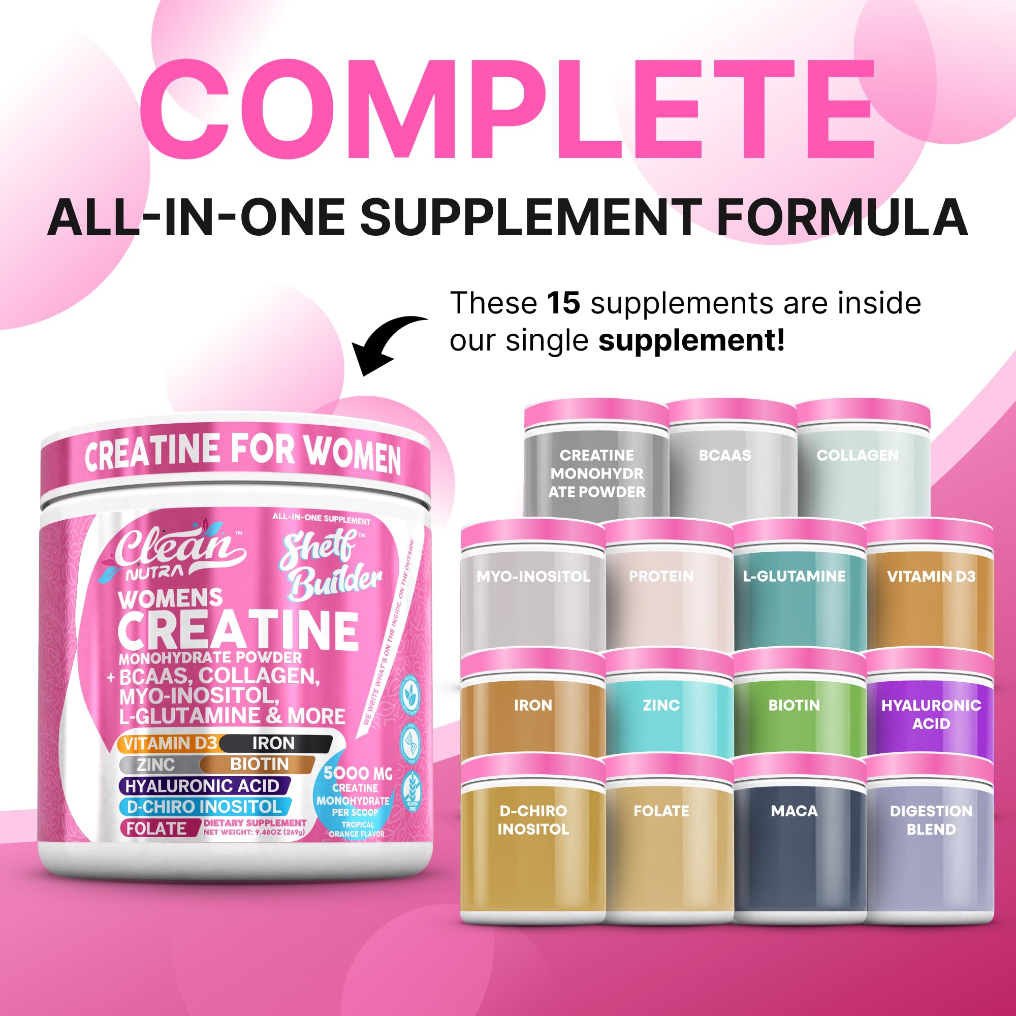 Creatine for Women | Creatine Monohydrate + BCAA Powder Myo-Inositol Collagen Biotin Hyaluronic Acid Folate L Glutamine Vitamin D3 Iron Zinc D-Chiro-Maca Digestion Shelf Builder by Clean Nutra Clean Nutraceuticals Au supplements