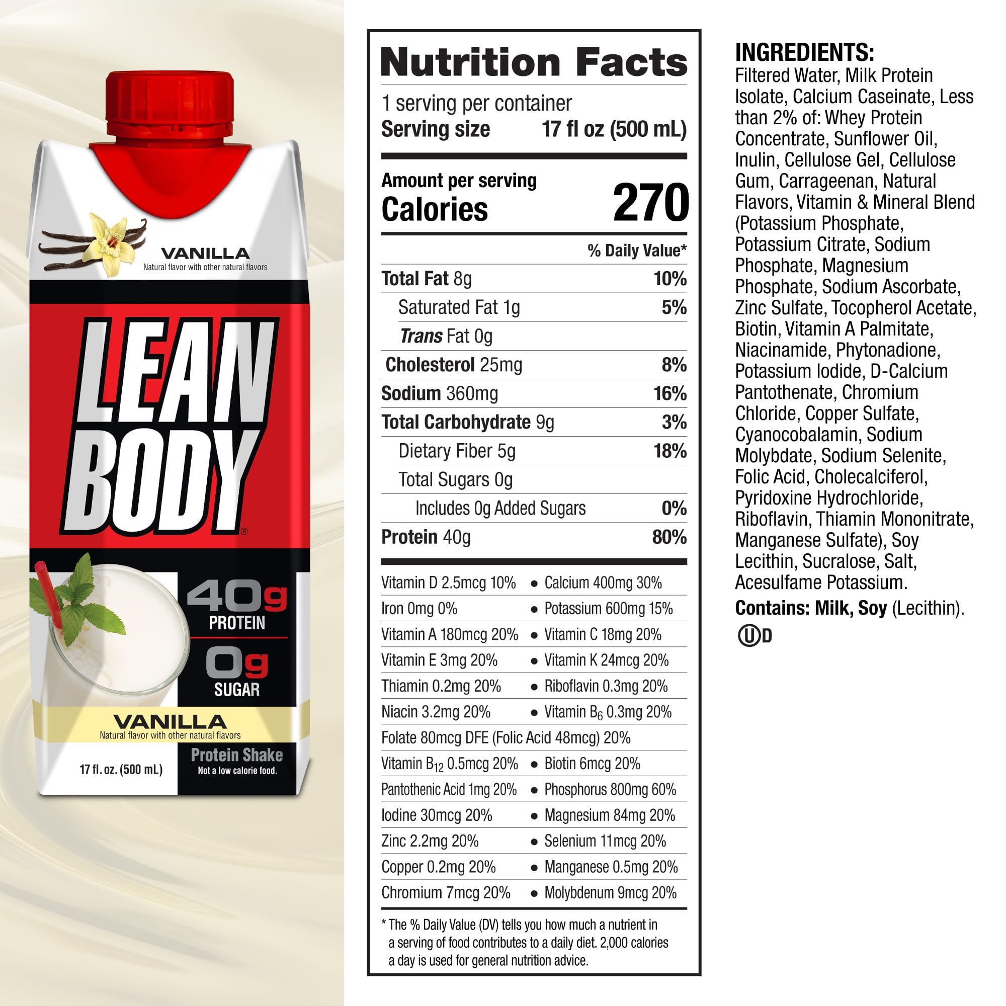 Lean Body Ready-to-Drink Vanilla Protein Shake, 40g Protein, Whey Blend, 0 Sugar, Gluten Labrada Au supplements