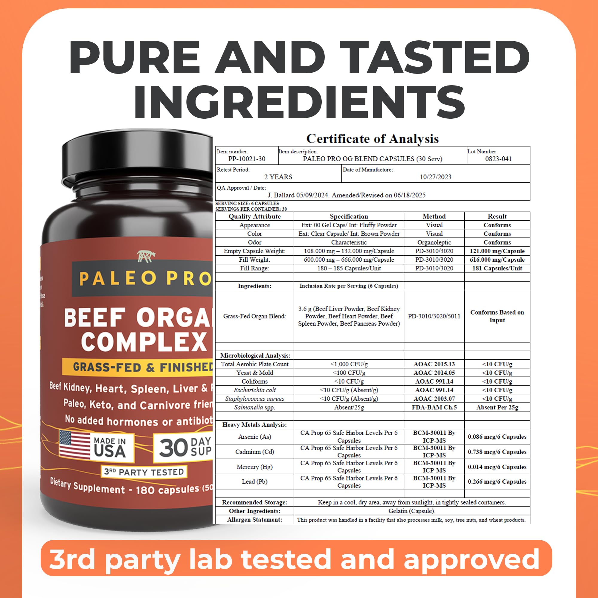 Paleo Pro O.G. Blend Premium Beef Organs Capsules, Kidney, Heart, Liver, Spleen and Pancreas from Grass Fed & Pastured Cows, Dietary Supplement, No GMO, 180 Capsules (Beef Organ Complex) Paleo Pro Au supplements