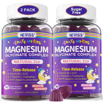 Magnesium Glycinate Gummies for Adults & Kids 4+, Sugar Free Magnesium Bisglycinate Supplement 400/200mg with B6D3, 5HTP, L-Theanine for Sleep & Relaxation, Brain, Muscle, Melatonin Free Gummies,2Pack NEVISS Au supplements