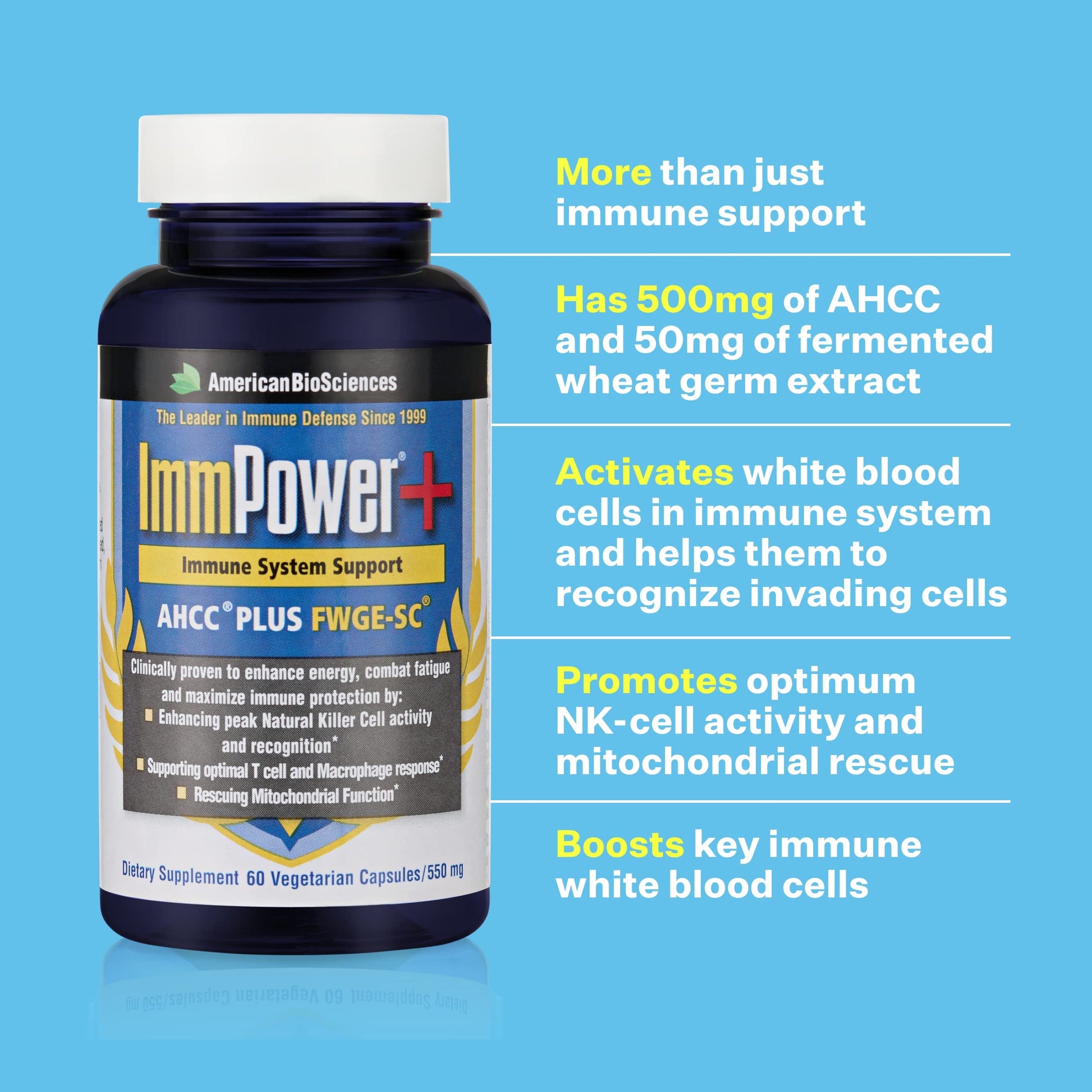 American BioSciences ImmPower Plus, AHCC & Fermented Wheat Germ Extract Herbal Supplement, 550mg per Capsule for Immune Support, Maintains Natural Killer Cell Activity, Pack of 1, 60 Veggie Capsules American BioSciences Au supplements