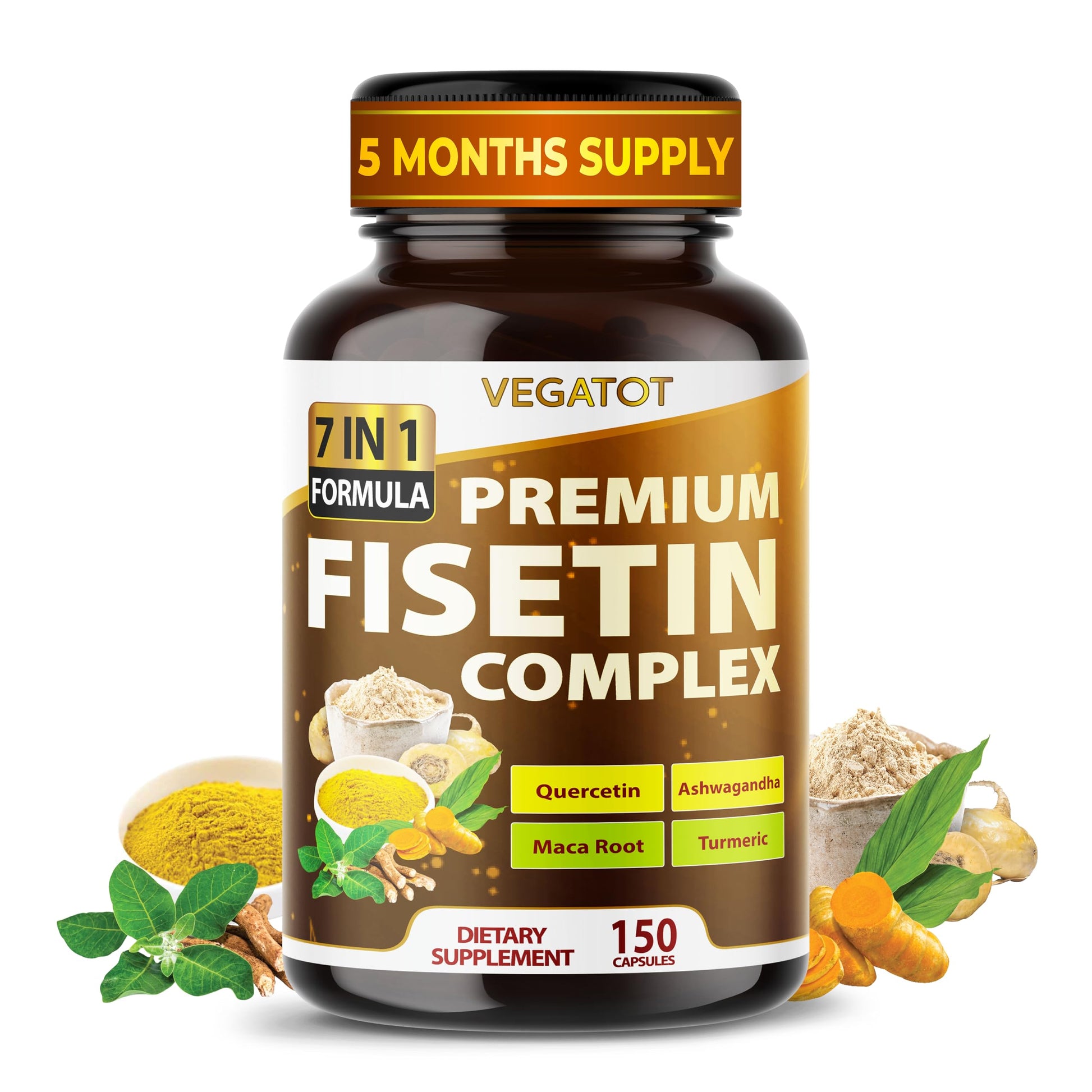 VEGATOT Organic Fisetin Complex 7-in-1 Formula | with Quercetin, Resveratrol, Ashwagandha, Maca Root, Turmeric, Black Pepper | 150 Capsules | Non-GMO, Gluten-Free VEGATOT Au supplements