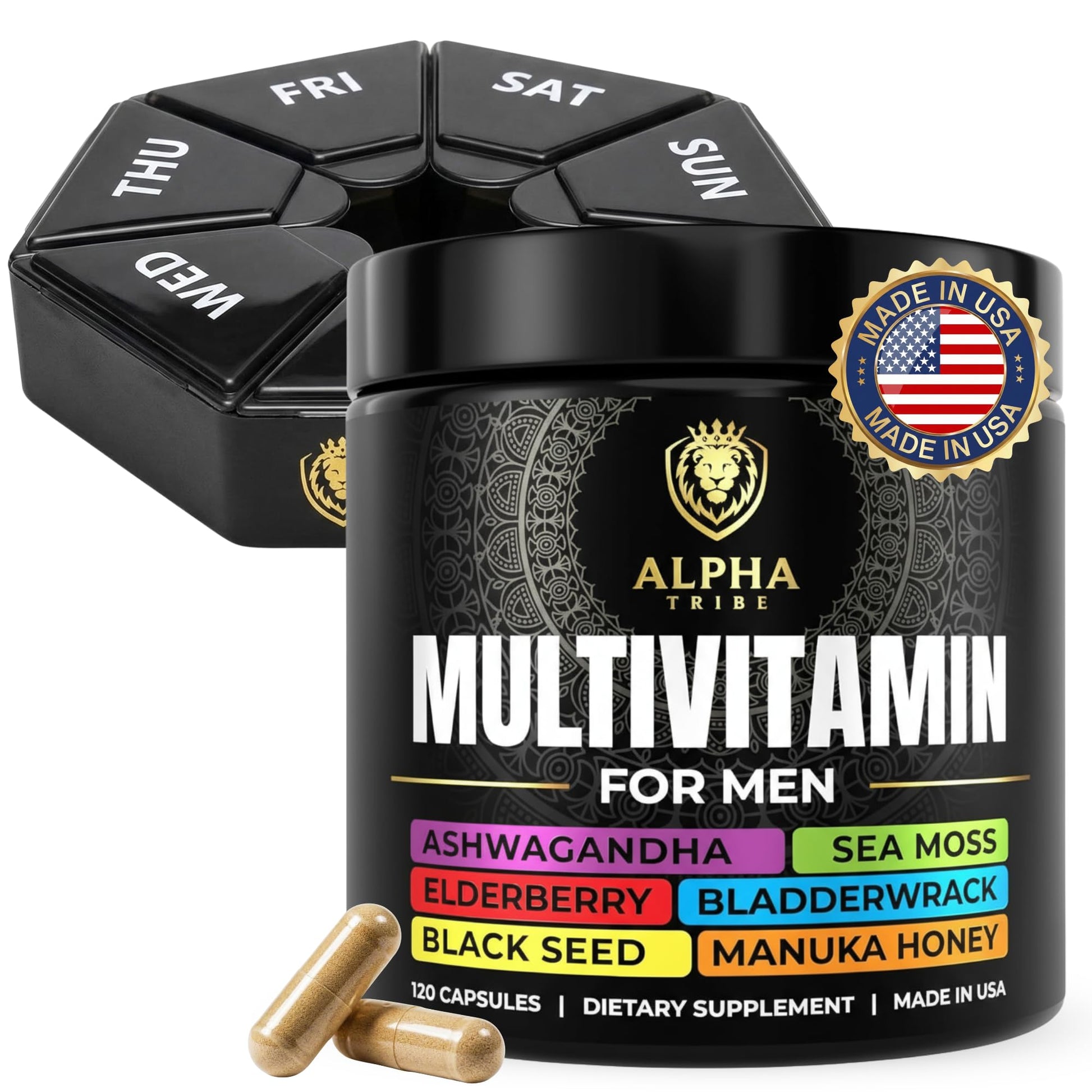 Alpha Tribe Multivitamin for Men & Organizer w/Seamoss Black Seed Oil Ashwagandha Burdock Root Turmeric Bladderwrack Vitamin C | Daily Men's Vitamins & Minerals Supplement | 60 Count Alpha Tribe Au supplements