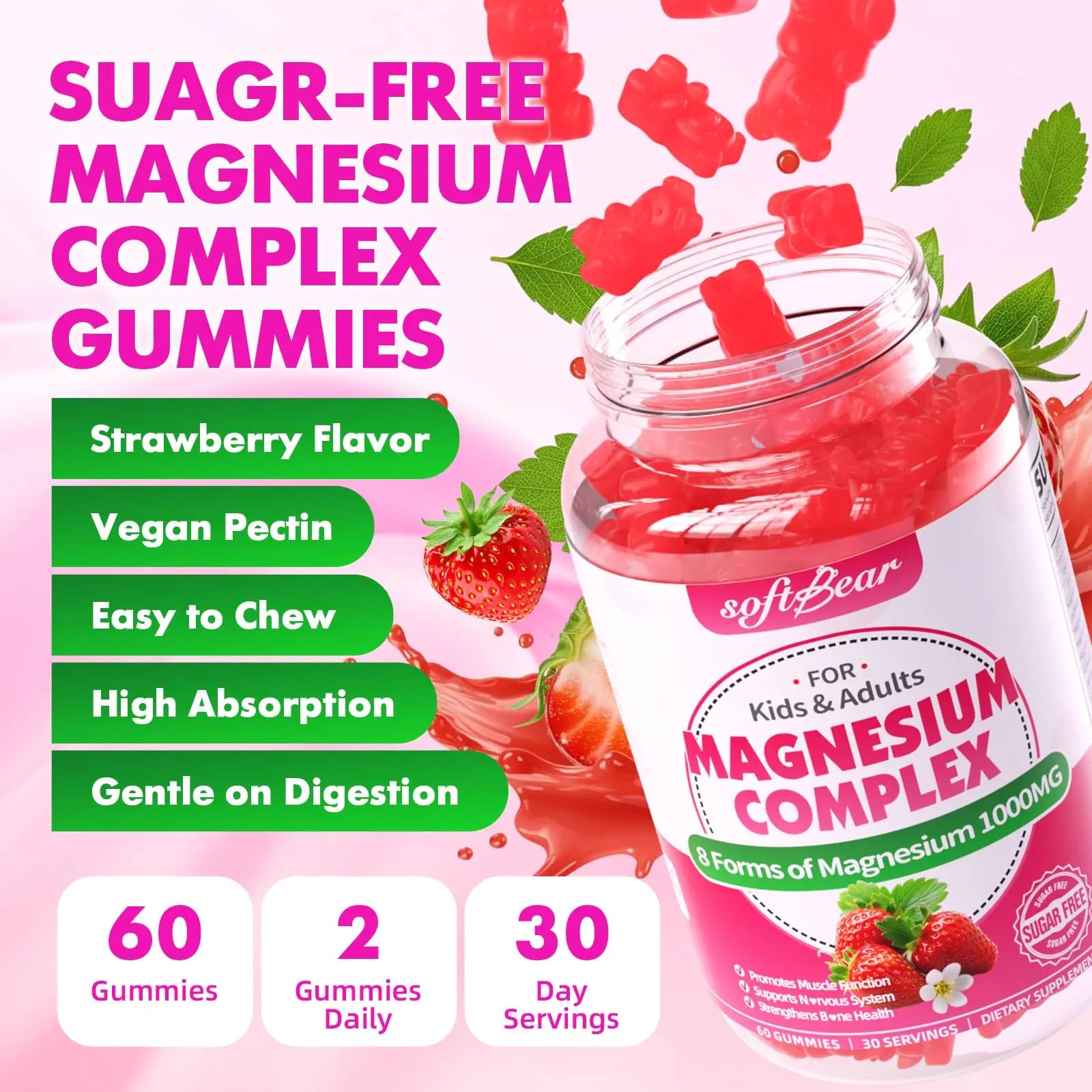 softbear Magnesium Complex Gummies for Women & Men & Kids, 8 in 1 Magnesium Complex Supplement 1000mg-Magnesium Glycinate,Citrate,Malate Supports Calm, Zzz, Muscle Cramp, Strawberry Flavor 120 Count softbear Au supplements