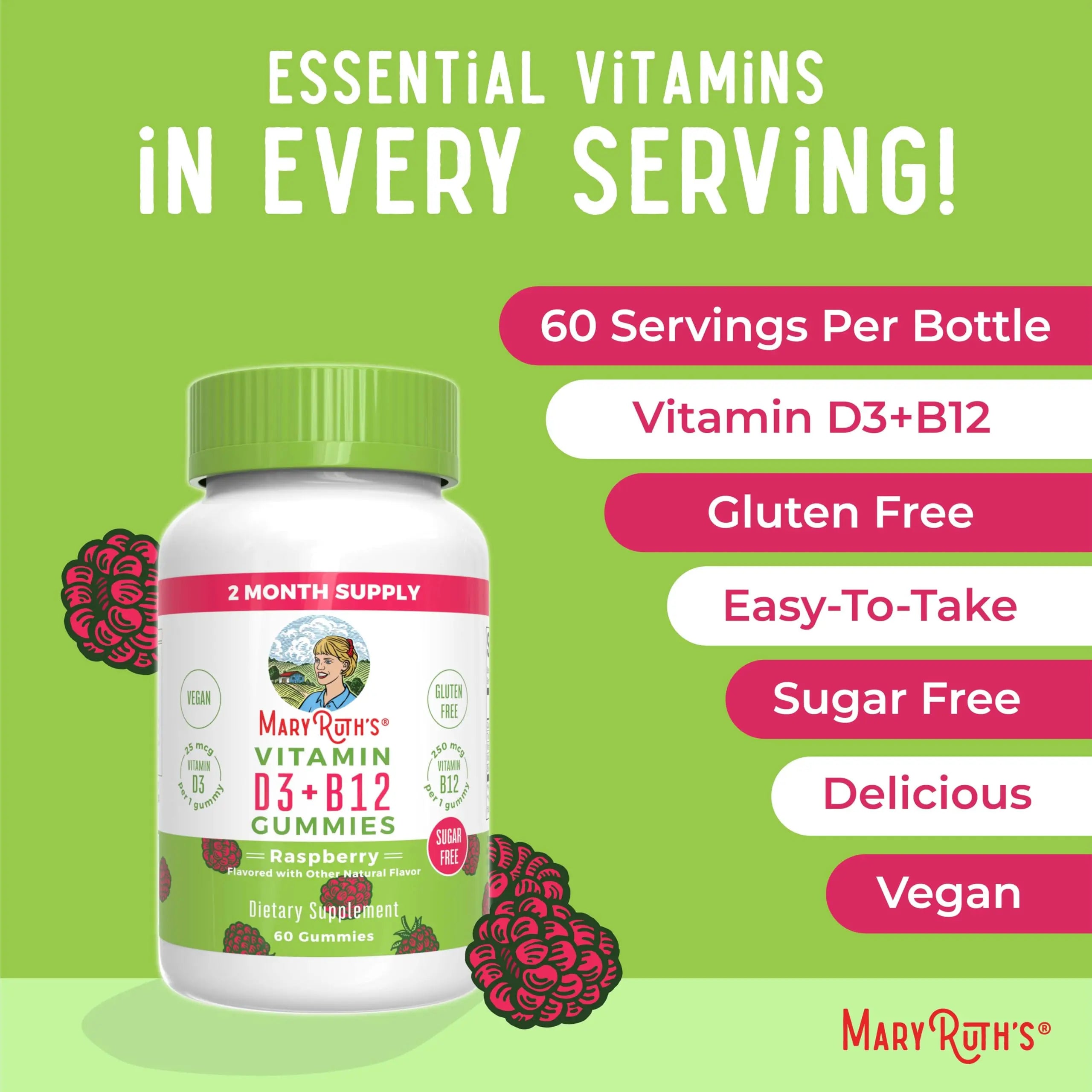 MaryRuth Organics Sugar Free | 2 Month Supply | Vitamin D & B12 Vitamin Supplements for Adults & Kids | Bone Health | Immune Support | Vegan | Non-GMO | 60 Servings MARYRUTH'S Au supplements