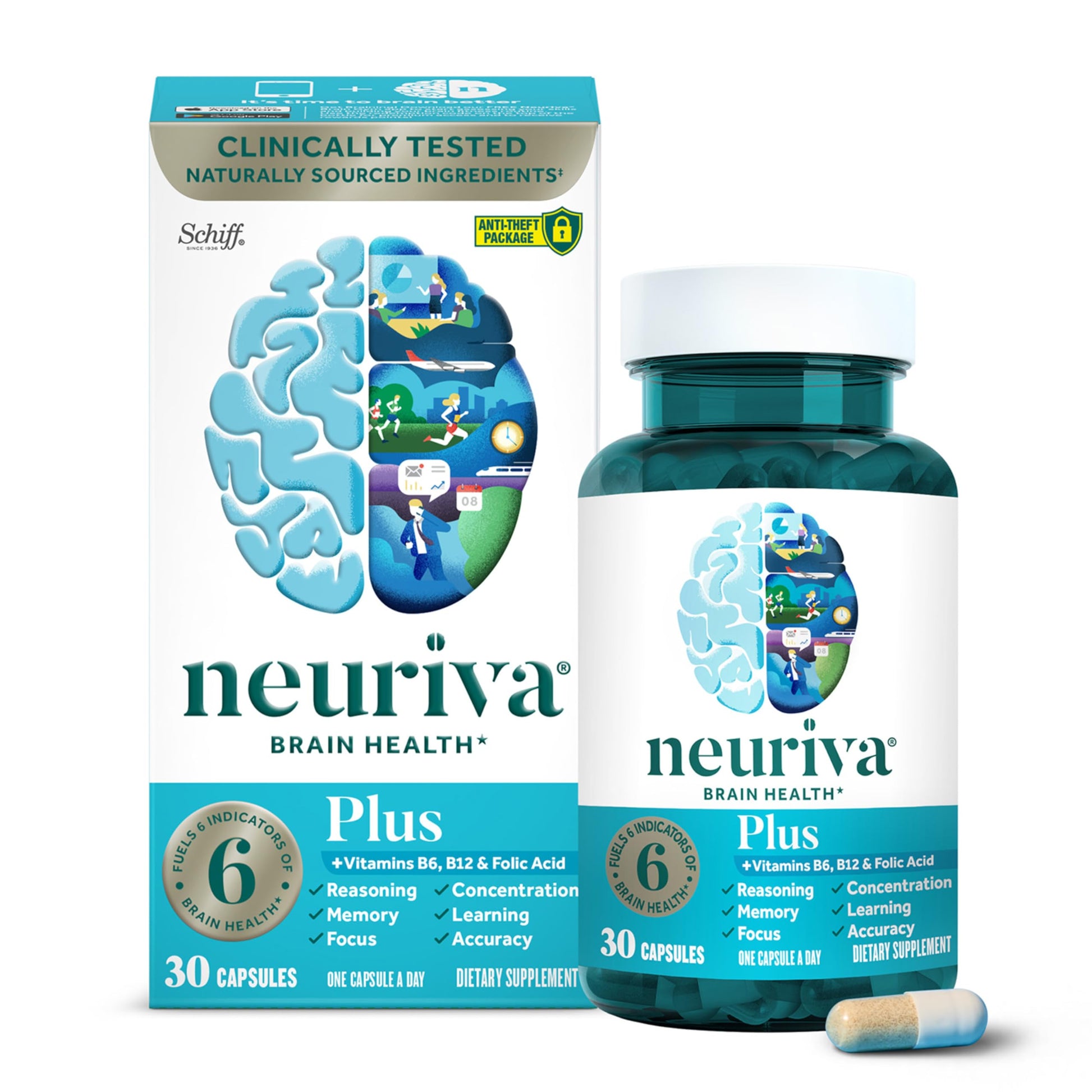 NEURIVA Plus Brain Supplement for Memory and Focus Clinically Tested Nootropics for Concentration for Mental Clarity, Cognitive Enhancement Vitamins B6, B12, Phosphatidylserine 30 Capsules NEURIVA Au supplements
