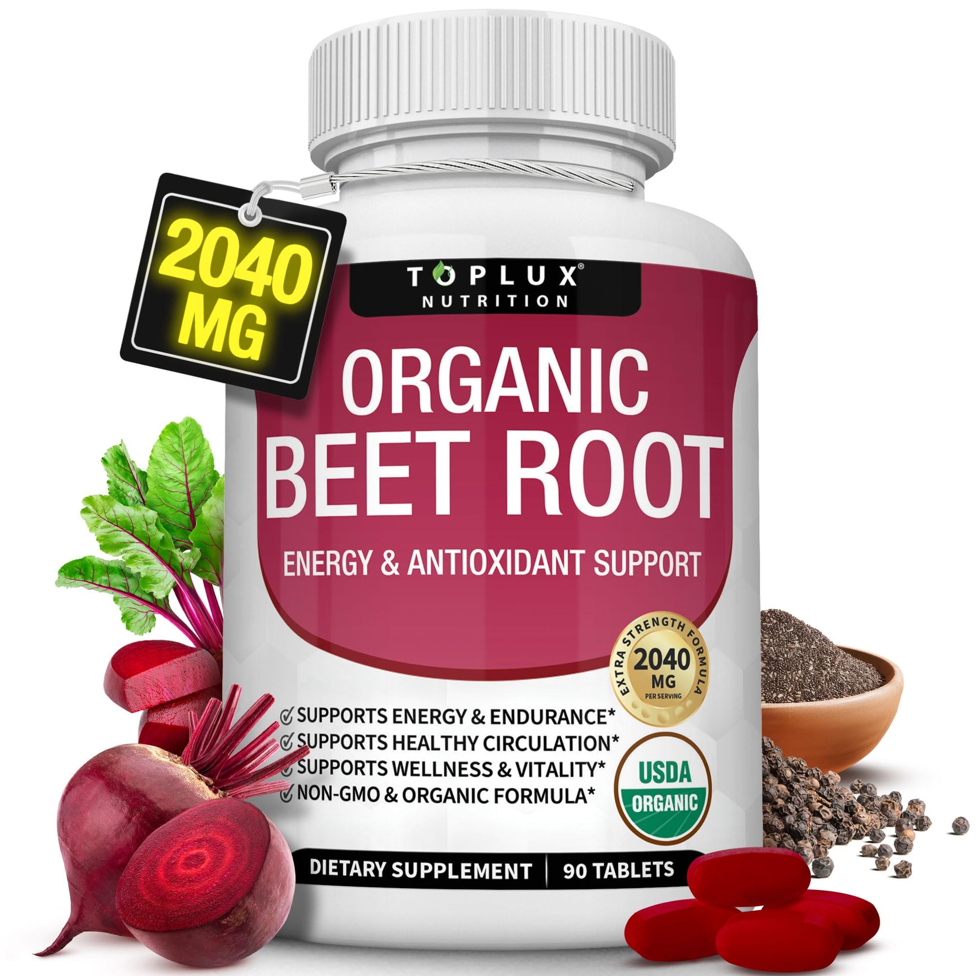 Organic Beet Root Powder Tablets - 2040mg Natural Nitric Oxide Beets to Support, Energy Toplux Au supplements
