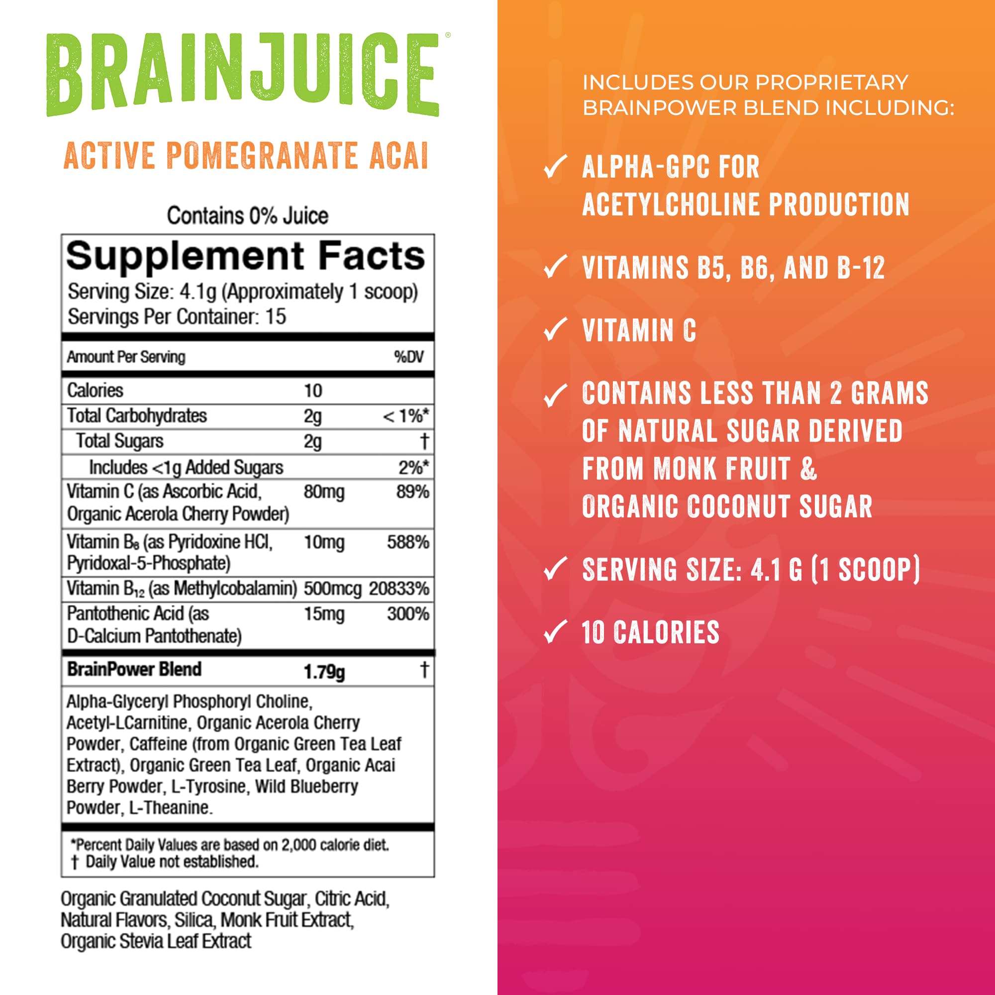 BrainJuice Nootropics Brain Support Supplement, Gluten Free Powder for Energy and Focus, Pre Workout w/Alpha GPC, Vitamin B & Organic Green Tea Extract Caffeine, Active Pomegranate Acai, 15 Servings BrainJuice Au supplements