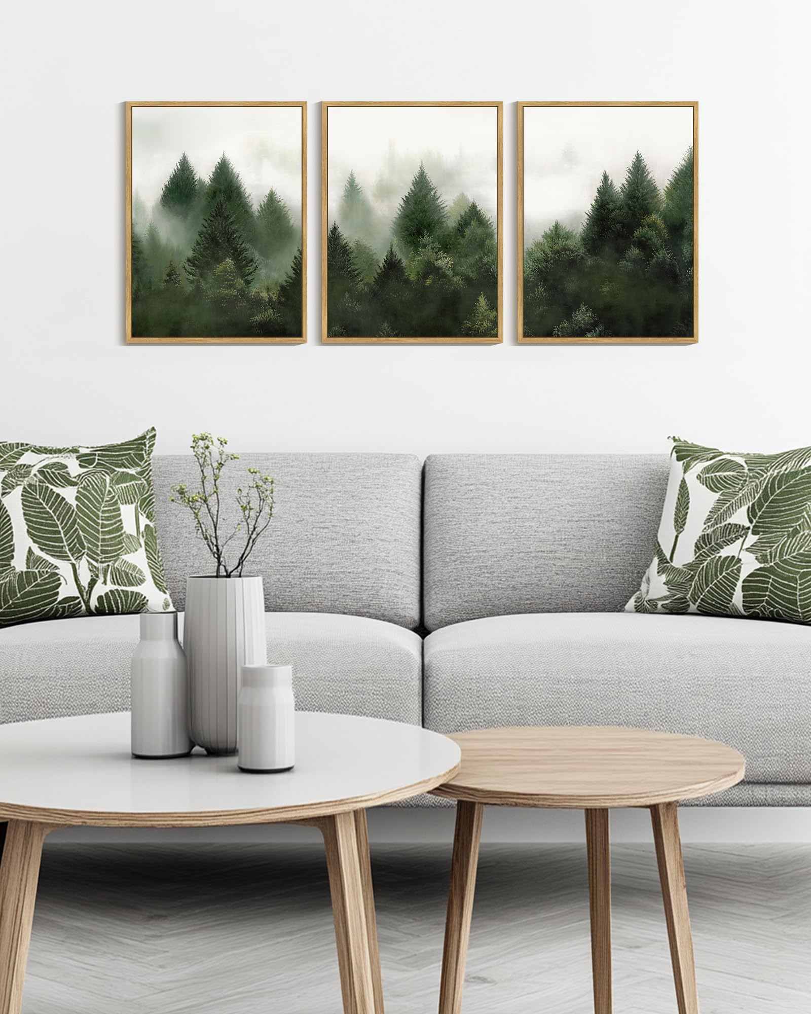 KUVIOKE Morden Green Fog Pine Tree Framed Canvas Wall Art Nature Nordic Forests Artwork Painting Bedroom Decor 12x16in (Natural Framed) KUVIOKE Au supplements