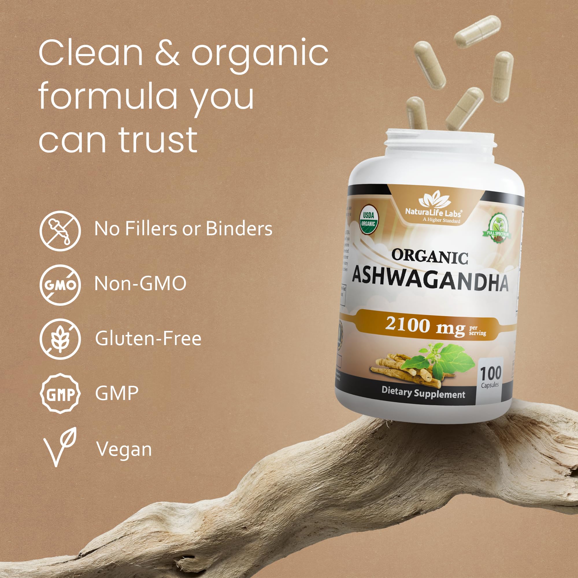 NaturaLife Labs Organic Ashwagandha 2100 mg per Serving – Herbal Supplement Root Powder & Extract – 100 Capsules – Vegan, Non-GMO, Gluten-Free NaturaLife Labs Au supplements