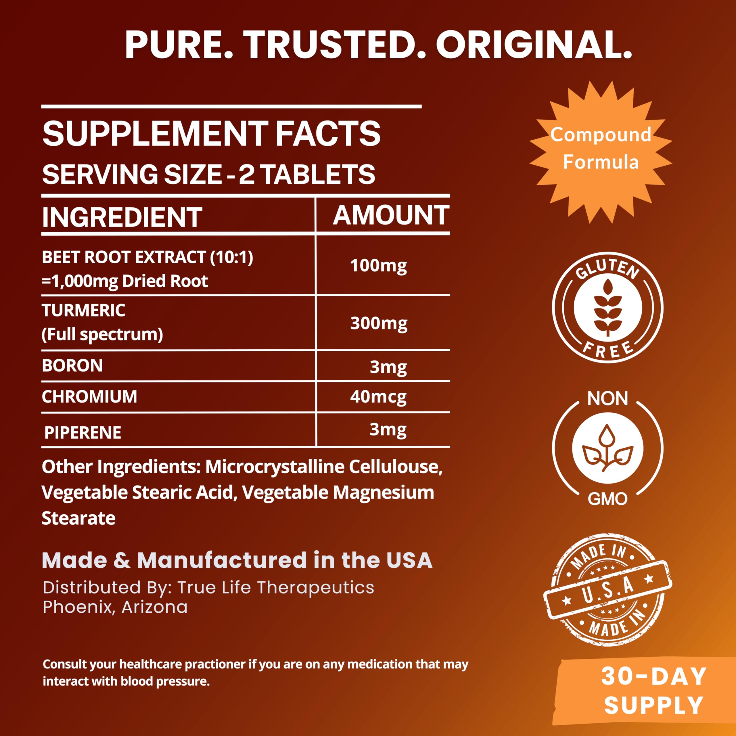 Body Support Tablets – Beet Root Extract, Turmeric Boron & Chromium – Supports Inflammation, Circulation, Hormonal Balance & Metabolic Function – 60ct - 30 Servings True Life Therapeutics Au supplements