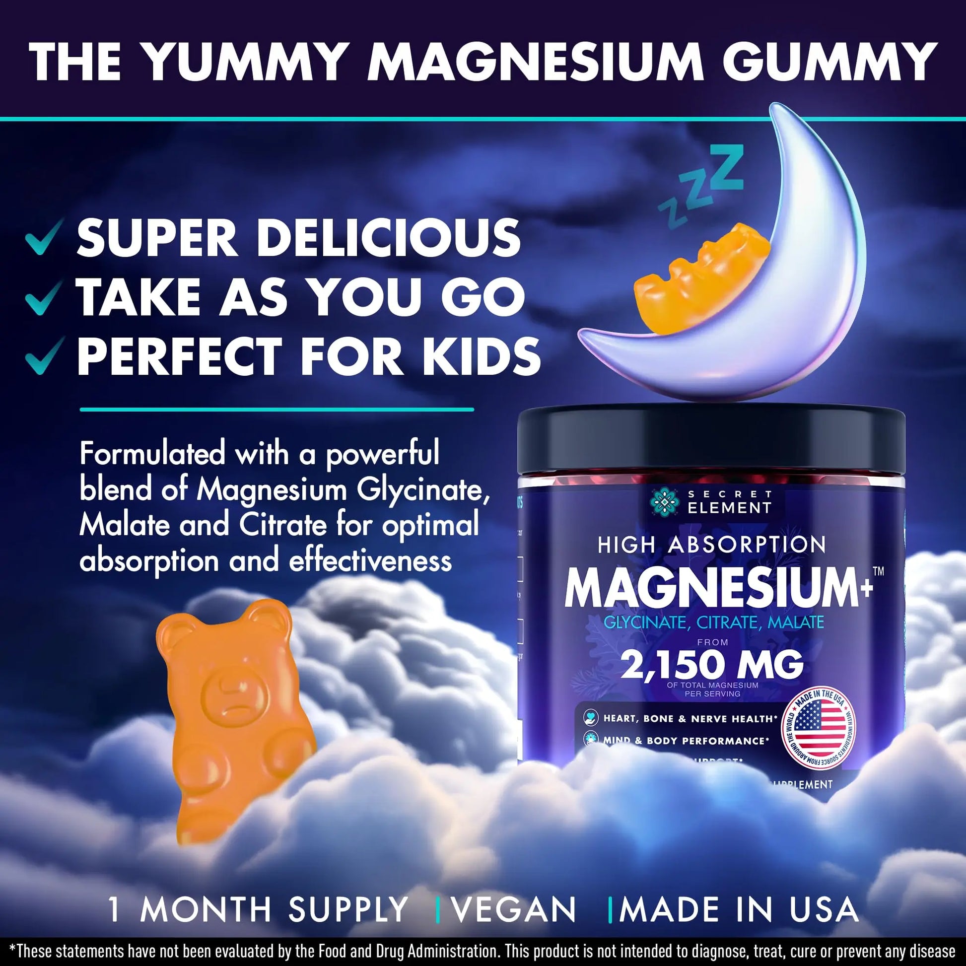 Secret Element Magnesium Glycinate 2150MG Gummies for Women and Men, High Absorption Magnesium Glycinate, Citrate, Malate Gummies for Adults & Kids, Sleep Support, Sugar Free, Vegan, 60 Chews, Orange Secret Element Au supplements