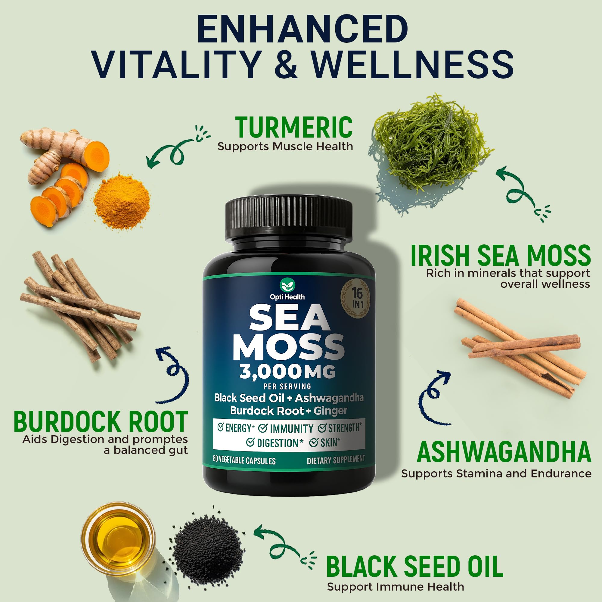 Sea Moss Black Seed Oil Ashwagandha Ginger - Advanced Irish Sea Moss Capsules All in One Supplement with Seamoss Black Seed Oil Ashwagandha Burdock Root Bladderwrack - Pills for Energy, Immune, Gut Opti Health Au supplements