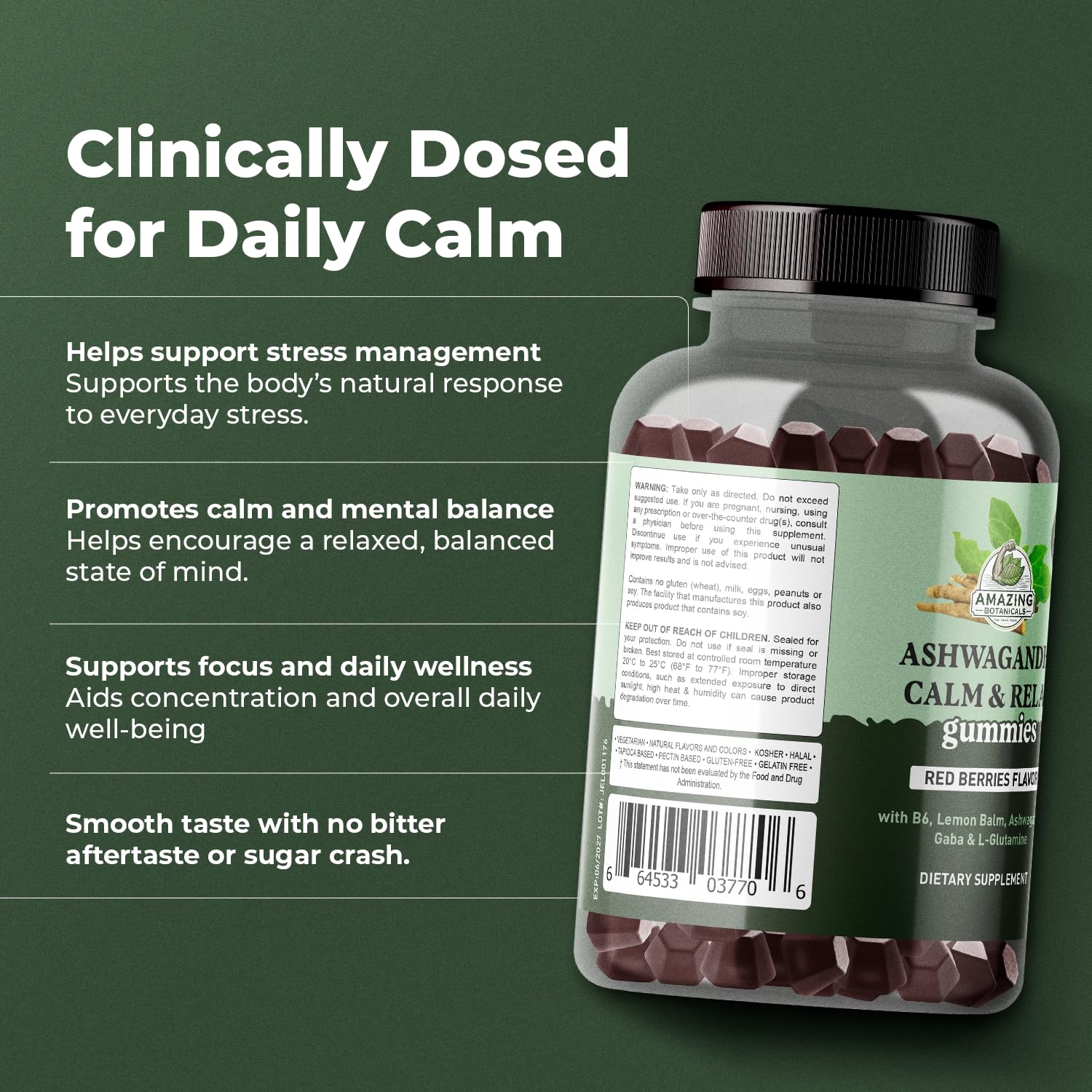 Ashwagandha Calm & Relax Gummies with Vitamin B6, Lemon Balm, GABA & L-Glutamine – 60 Gummies – Red Berries Flavor – Improve Sleep, Stress Relief & Mood – Vegan, Gluten-Free, Non-GMO Amazing Botanicals Au supplements