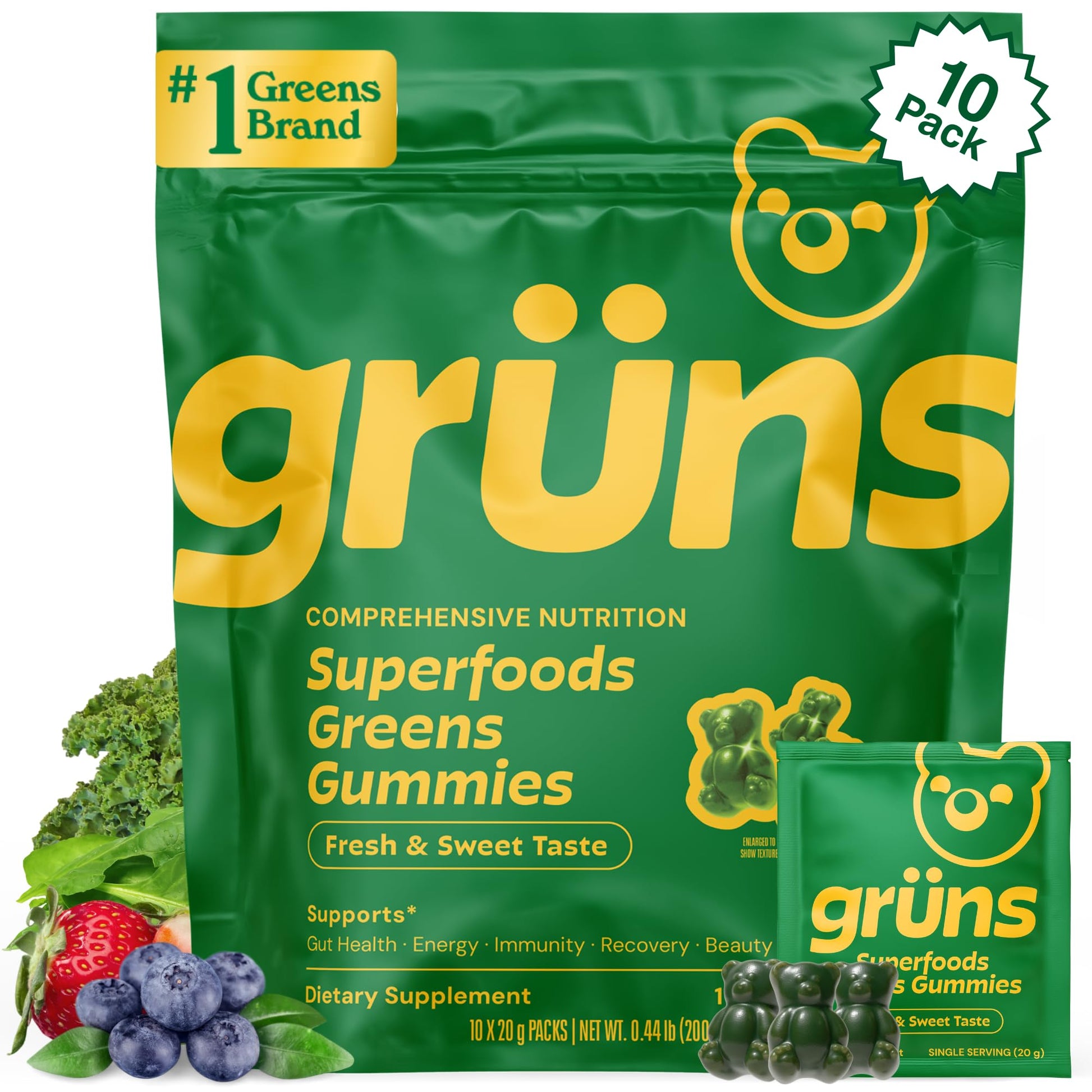 Gruns Adults Super Greens Gummies, Multivitamin Superfood Gummy Bears, Spirulina, Chlorella, Prebiotics & Fiber Gummies for Digestive Health, Adaptogens Supplement, 20 Vitamins & Minerals, 10 Count Grüns Au supplements