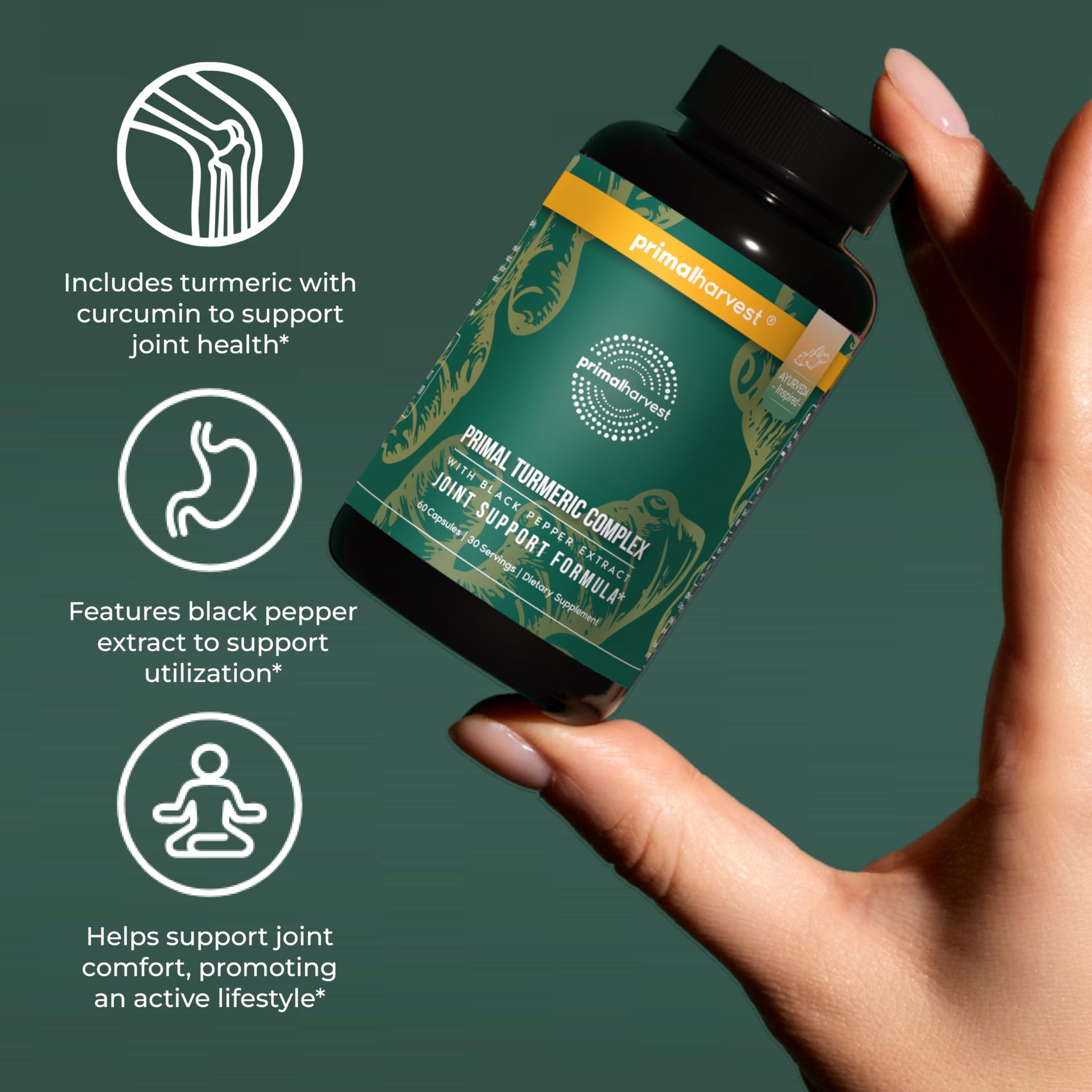 Primal Harvest 1 Pack, Primal Turmeric Complex w/Black Pepper Extract, Joint and Mobility Support Turmeric Supplement for Women & Men, 60 Capsules Primal Harvest Au supplements