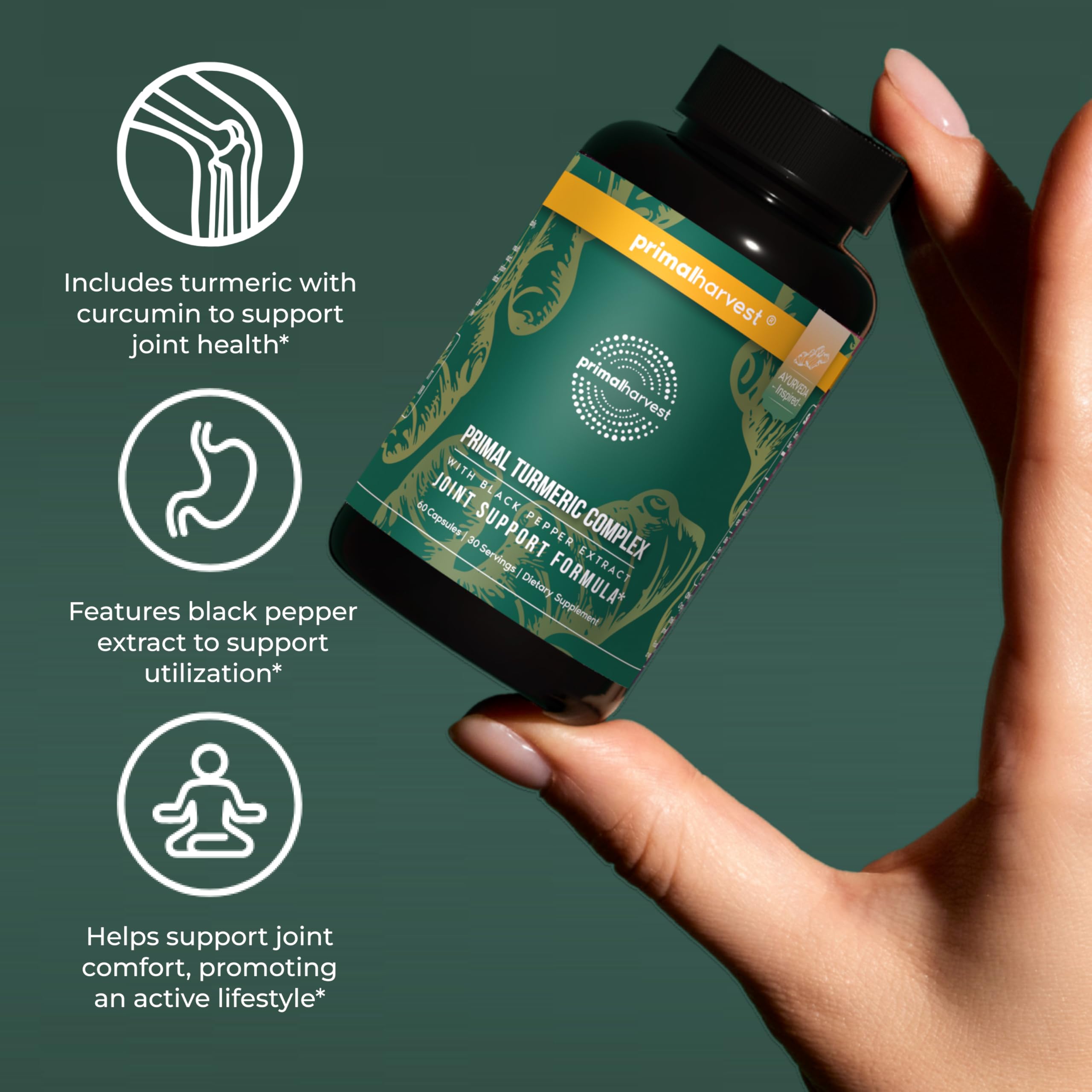 Primal Harvest 1 Pack, Primal Turmeric Complex w/Black Pepper Extract, Joint and Mobility Support Turmeric Supplement for Women & Men, 60 Capsules Primal Harvest Au supplements