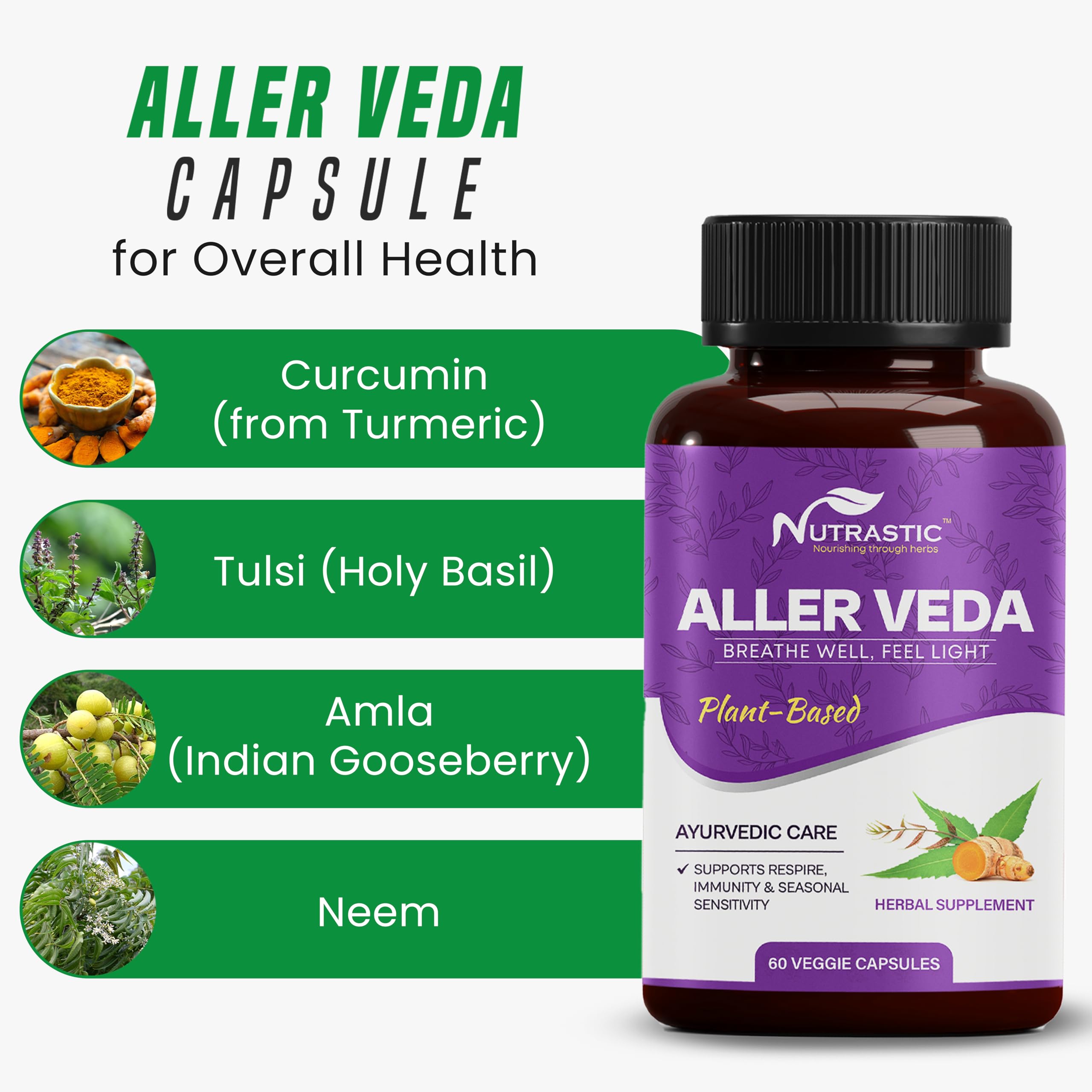 Nutrastic Aller Veda Respiratory Wellness Supplement with Pure Tulsi, Amla, Turmeric, and Neem | Natural Support for Healthy Breathing | 60 Caps Nutrastic Au supplements