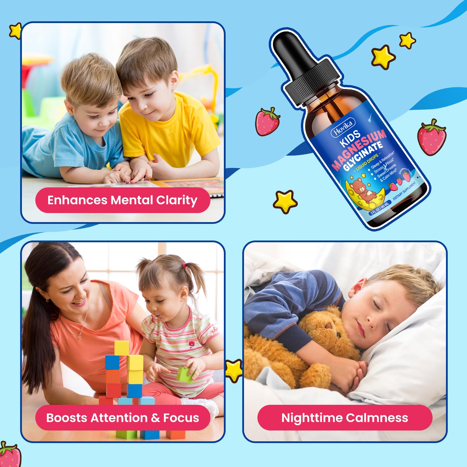 Magnesium Glycinate Liquid for Kids - with L-Theanine Omega-3, Vitamin B6, D3, Zinc - Kids Magnesium Drops for Sleep, Relaxation, Calm & Focus - 2 Fl Oz, Strawberry Flavor Hovika Au supplements