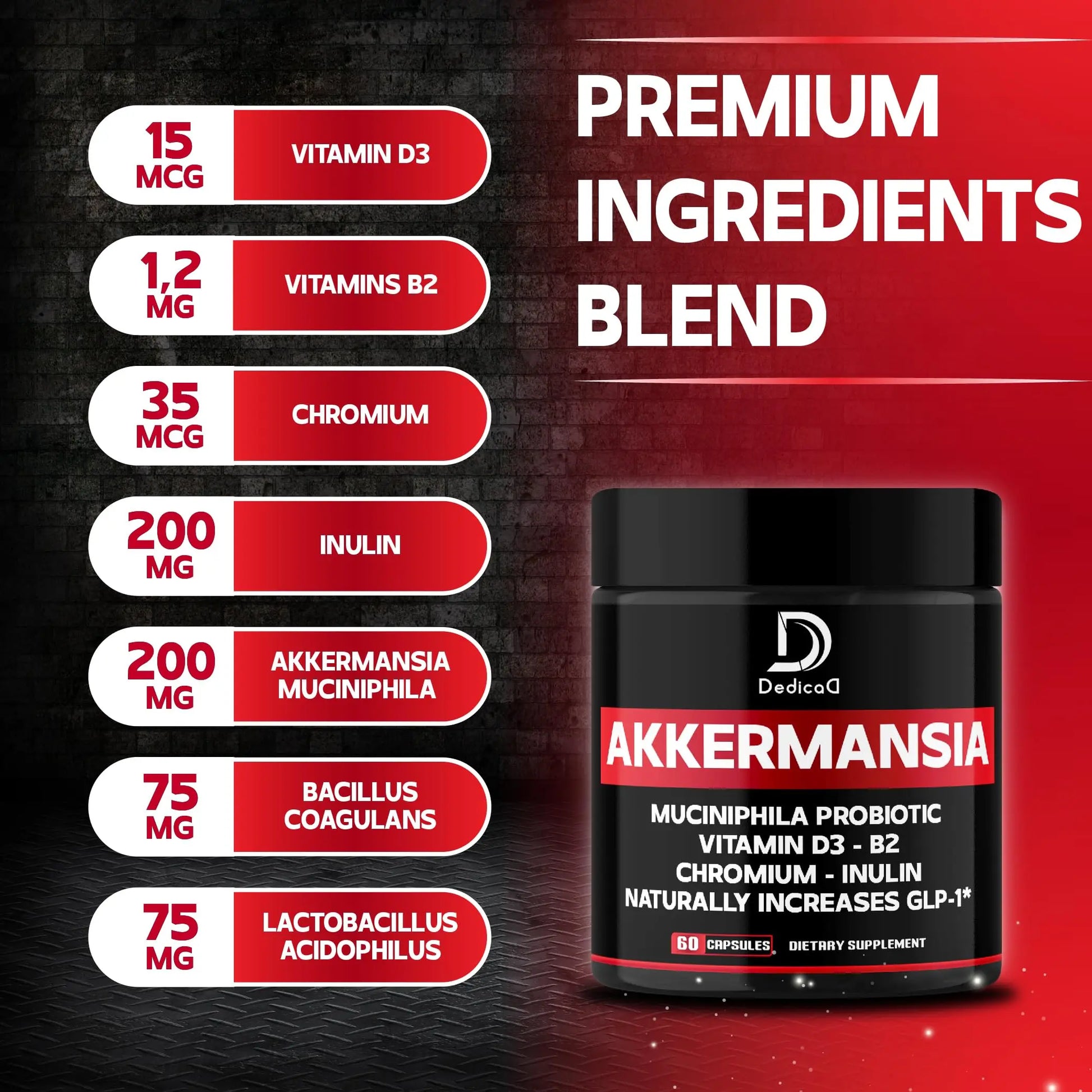 DEDICAD Akkermansia Probiotic for Increases GLP-1 - Contains Inulin, Bacillus Coagulans, Lactobacillus Acidophilus & Chromium - 60 Days Supply - 60 Capsules DEDICAD Au supplements