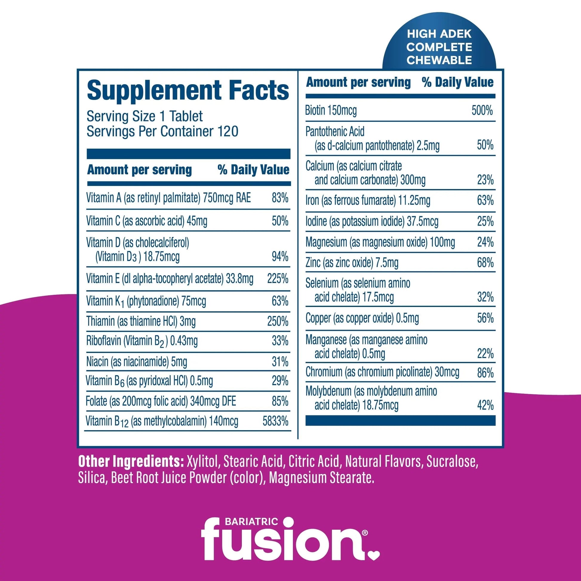 Bariatric Fusion Chewable Multivitamin with High ADEK Vitamins | Multi for Duodenal Switch Patients | Mixed Berry Flavored Tablets | Bariatric Fusion Au supplements