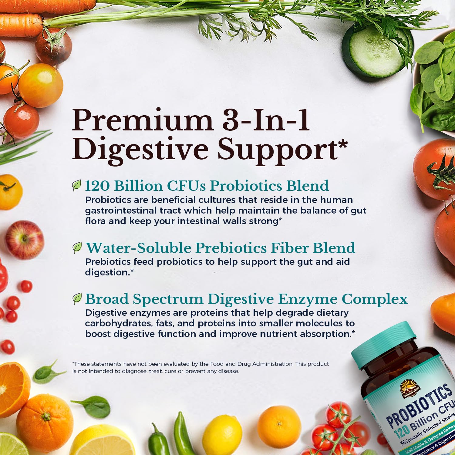 VITALITOWN Probiotics 120 Billion CFUs | 36 Strains, with Prebiotics & Digestive Enzymes for Men Women | Shelf Stable | Digestive Health & Immune Support | Vegan, Non-GMO | 30 Delayed Release Veg Caps Vitalitown Au supplements