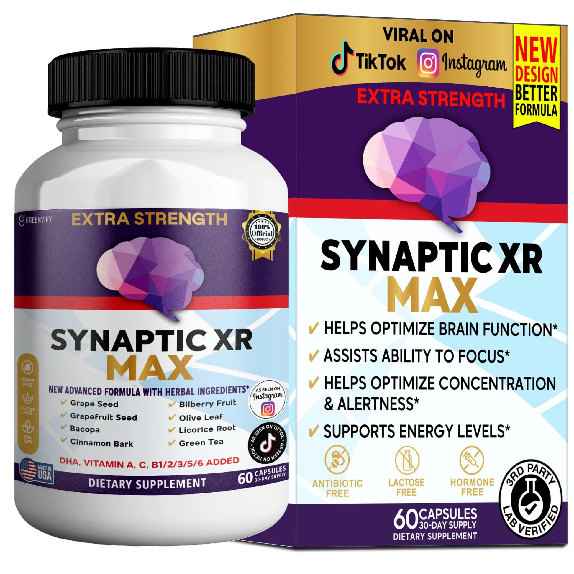 GREENVIFY Synaptic XR Max Extra Strength Brain Support Supplement with Herbal Ingredients, 60 Capsules, DHA Vitamins, Nootropic Formula (1) GREENVIFY Au supplements