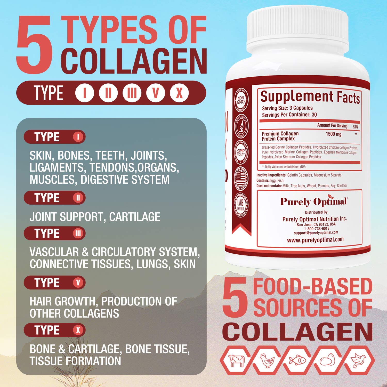 Purely Optimal Premium Multi Collagen Peptides Capsules (Types I, II, III, V, X) - Hair Purely Optimal Au supplements