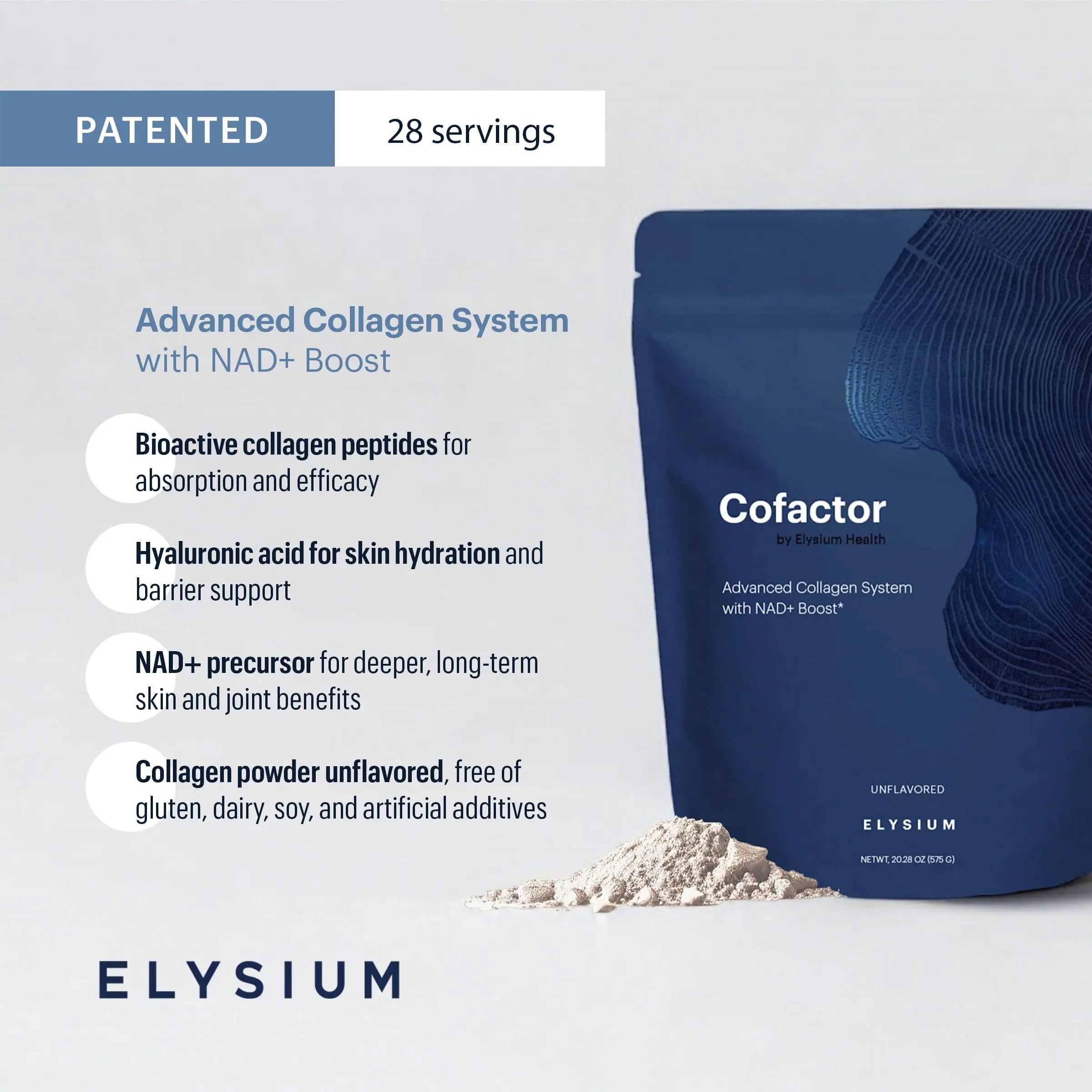 ELYSIUM Cofactor – 4-in-1 Collagen Peptides Powder w/NAD+, Hyaluronic Acid & Vitamin C for Skin, Hair, Nails, Joints & Cellular Health, Collagen Supplements for Men & Women – Unflavored, 28 Servings ELYSIUM Au supplements