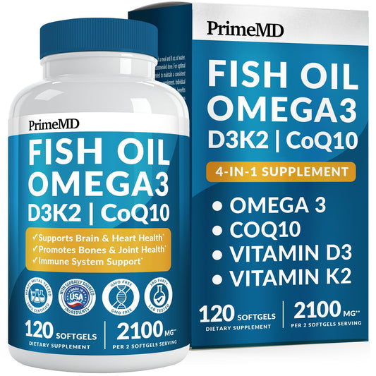 4-in-1 Fish Oil Omega 3 Fatty Supplements (2100mg) - Omega 3 Fish Oil with Vitamins D3 K2 and CoQ10 - Lemon Flavored (120 softgels) PrimeMDUS supplements