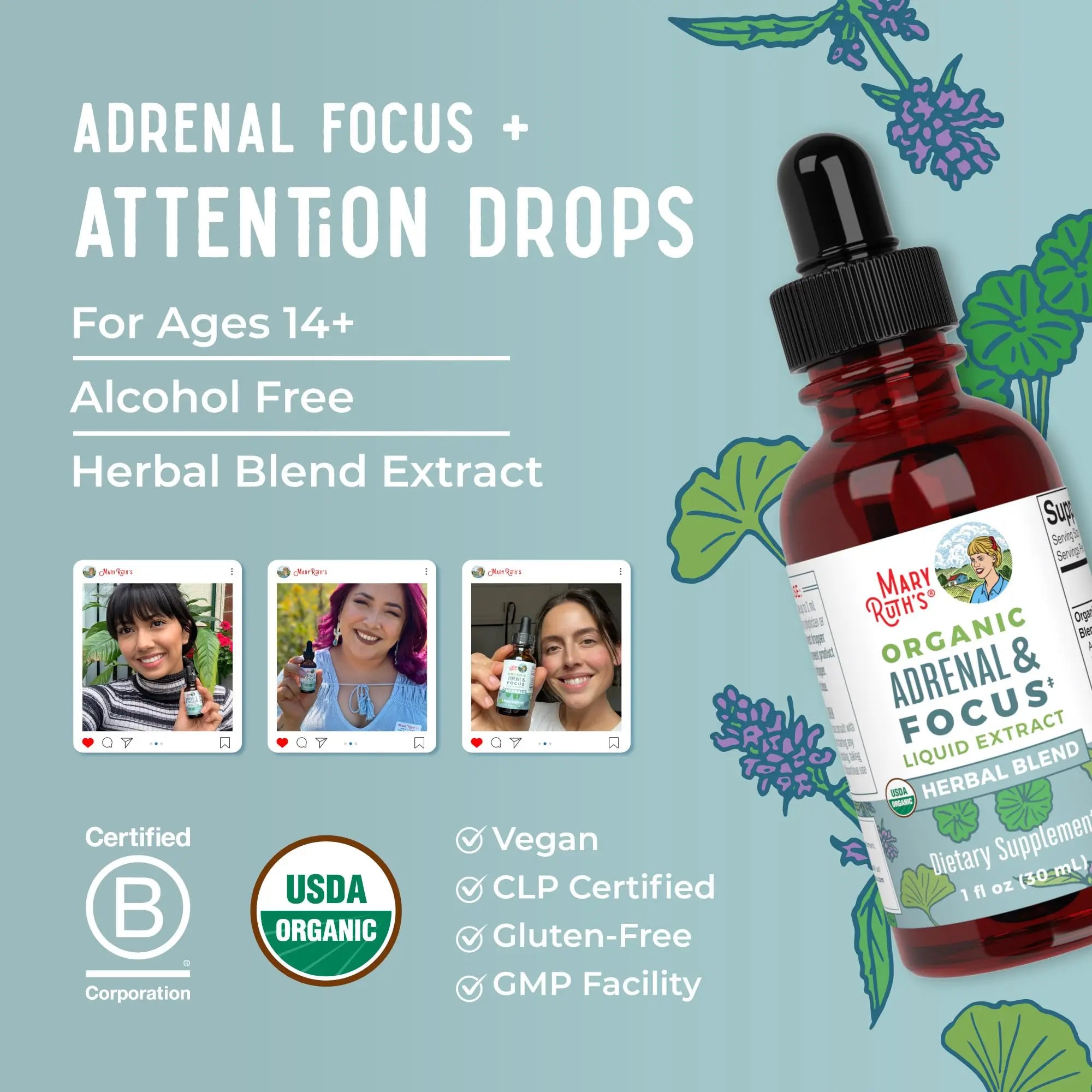 MaryRuth Organics - USDA Organic Brain Nootropic Supplement for Adults with Ginkgo Biloba & Astragalus | Focus & Adrenal Support | Brain & Memory Drops | Vegan | Non-GMO | Gluten Free | 30 Servings MARYRUTH'S Au supplements