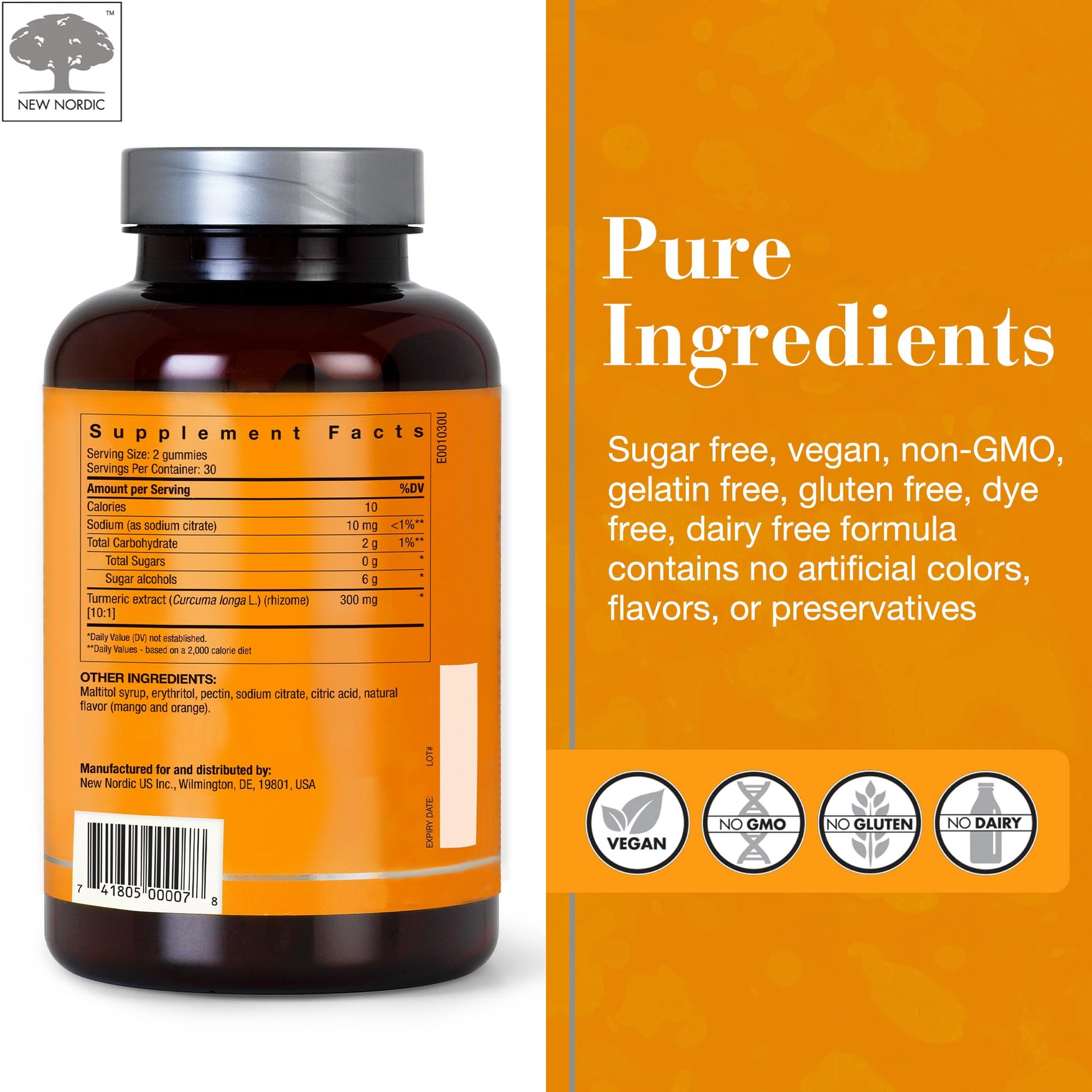NEW NORDIC Turmeric Curcumin Gummies, Sugar Free, 300 mg Turmeric Supplement for Men and Women, Supports Normally Functioning Joints, Knees, Shoulders, Mango Orange, 60 Count NEW NORDIC Au supplements