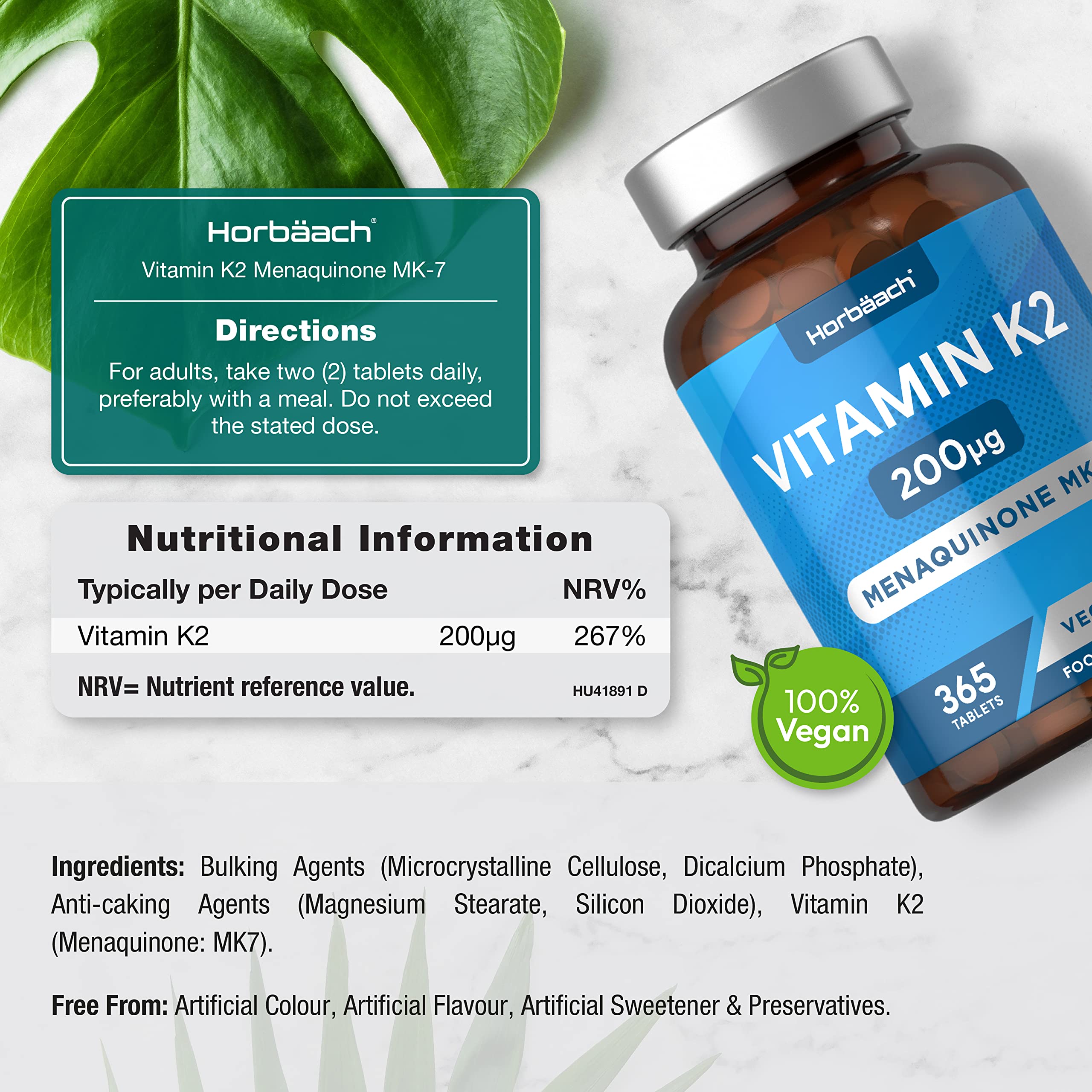 Vitamin K2 MK7 200ug | 365 Vegan Tablets | High Strength Menaquinone MK-7 Horbäach Au supplements