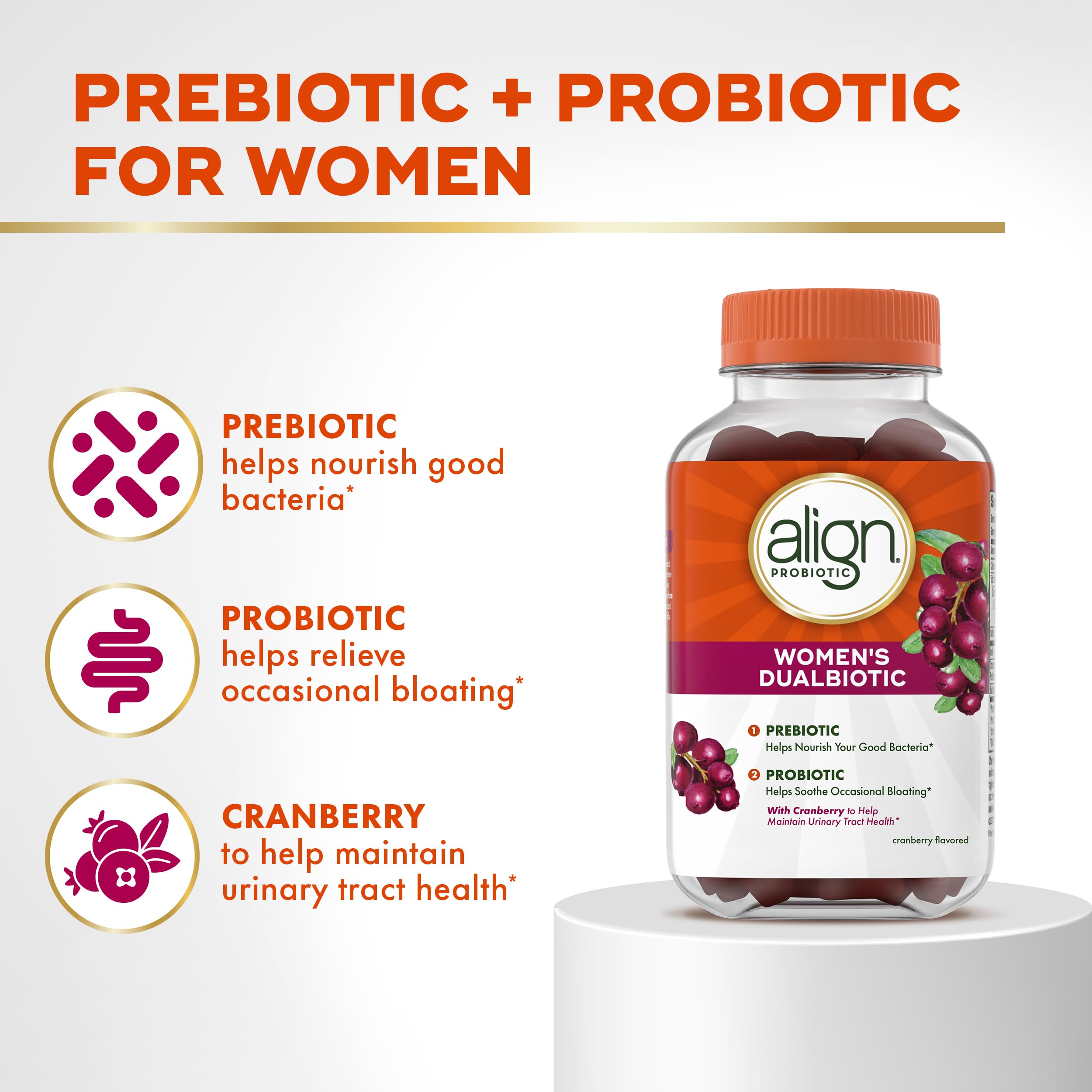 Align Probiotic, Women's Dualbiotic, Womens Probiotic Gummies, Prebiotics and Probiotics for Women, with Cranberry for Urinary Tract Health*, Cranberry Flavor, 90 Gummies Align Au supplements