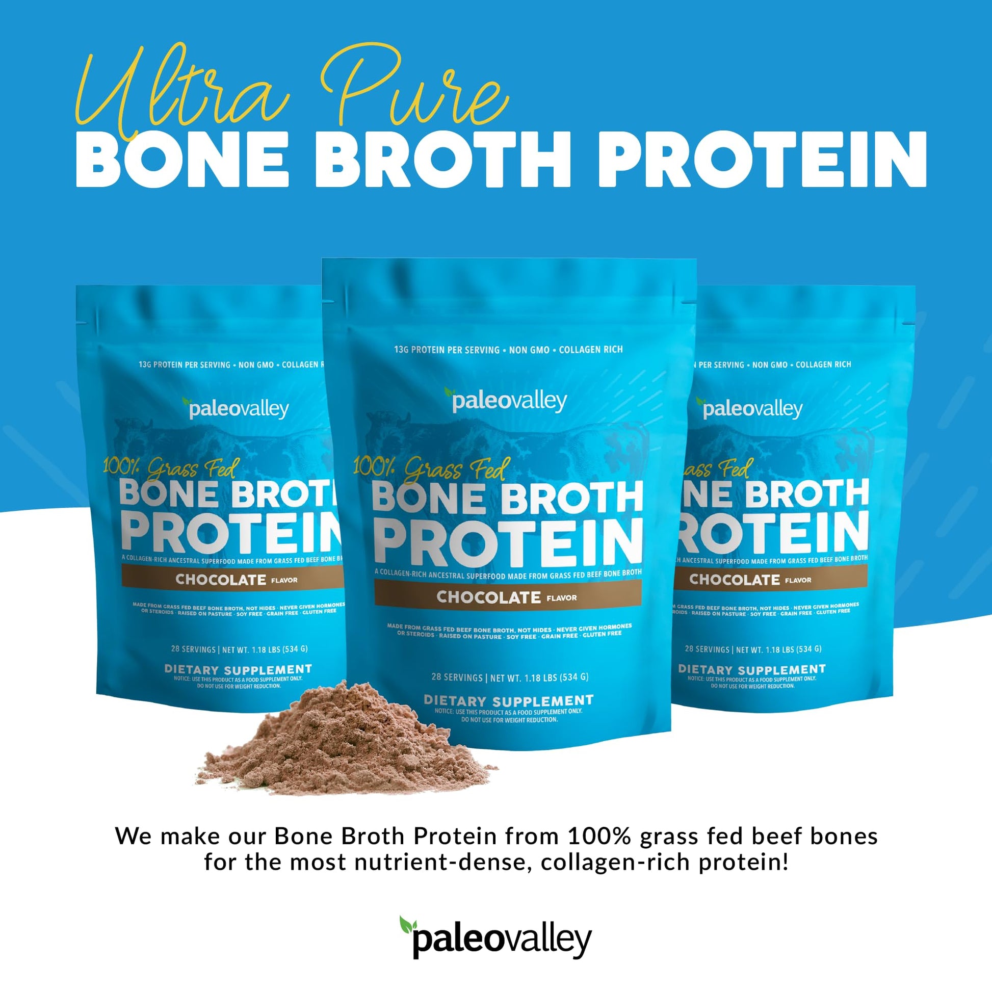 Paleovalley 100% Grass Fed Bone Broth Protein Powder - Chocolate - Rich in Collagen Paleovalley Au supplements