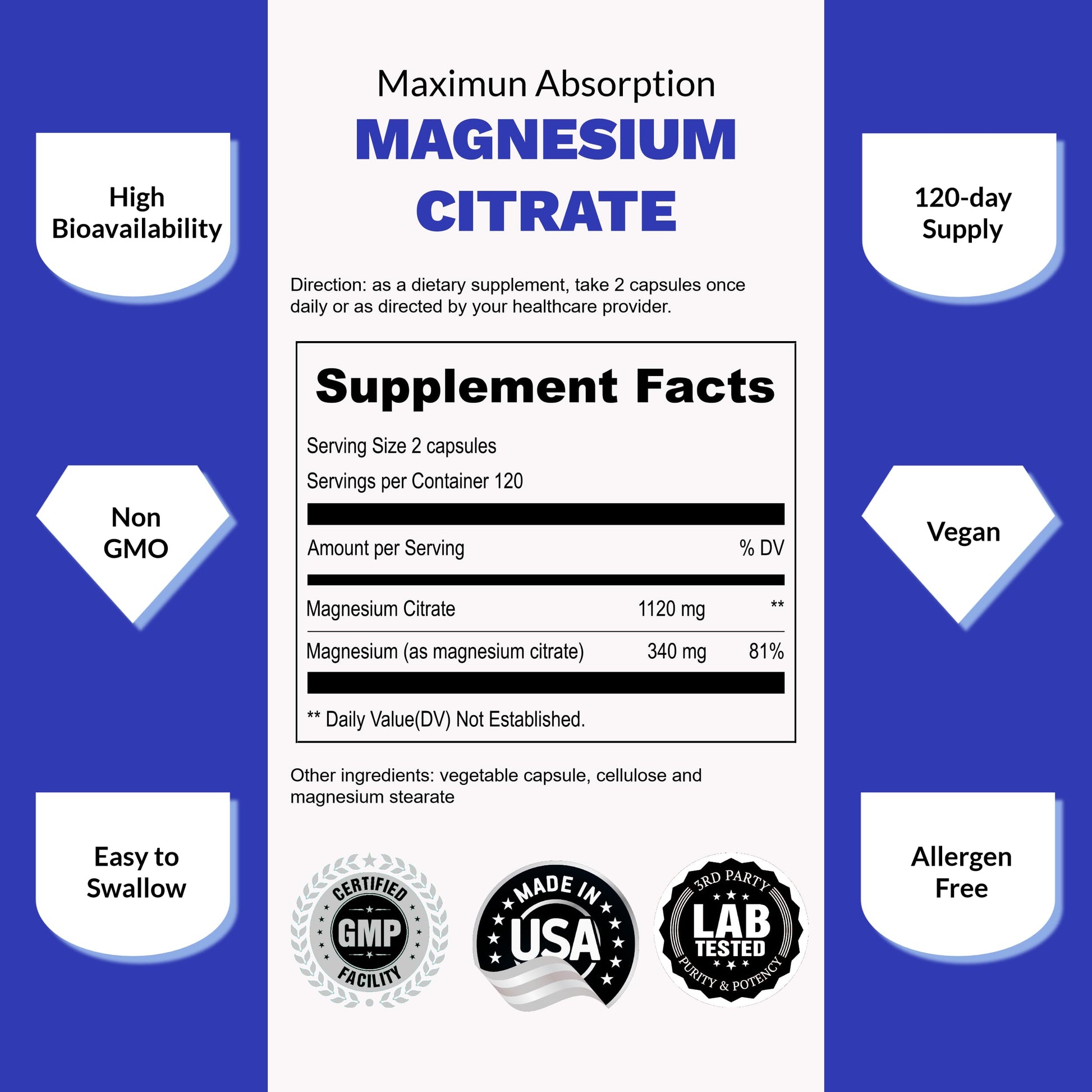 UpNourish Pure Magnesium Citrate (Citrato de Magnesio) 1120mg, 240 Capsules UpNourish Au supplements