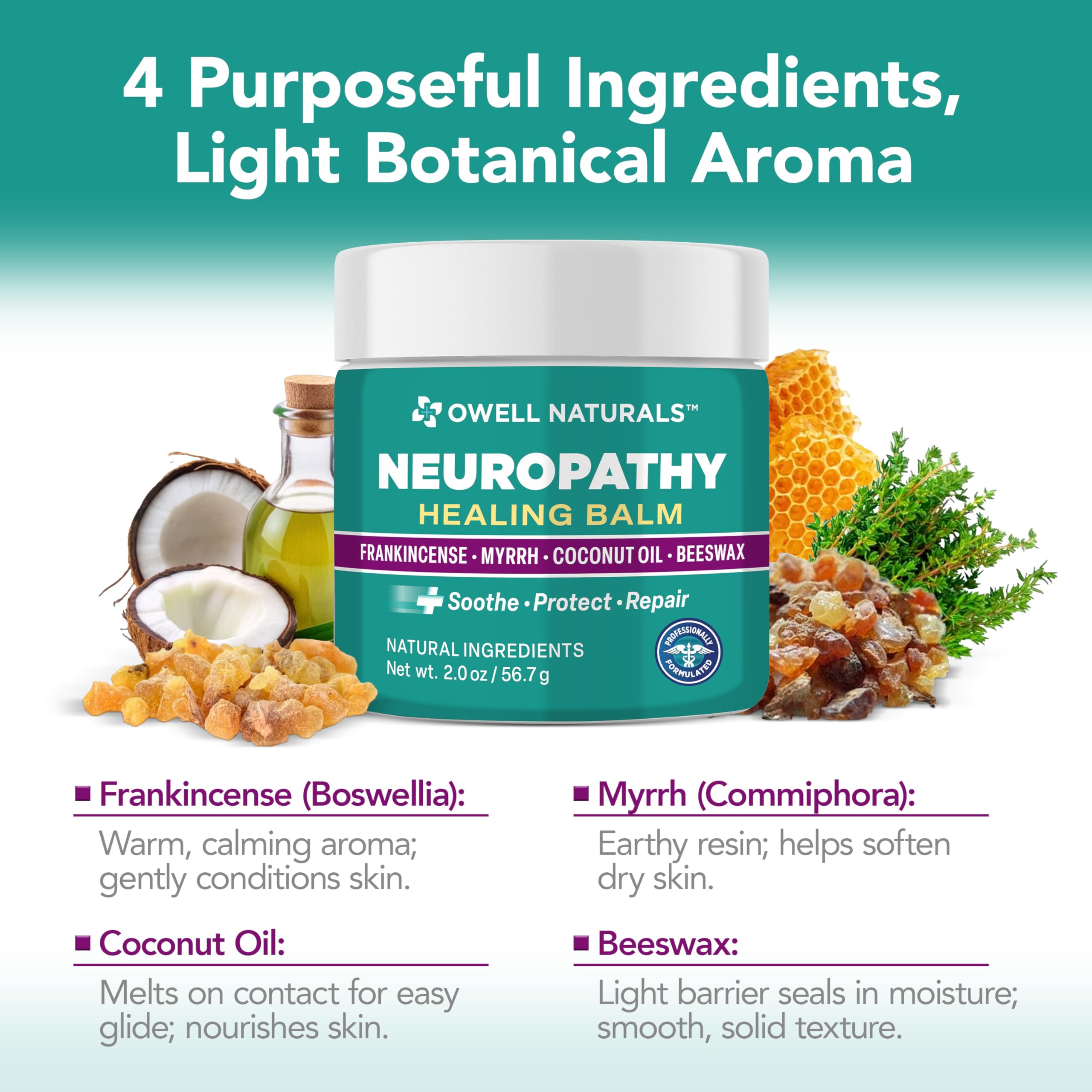 Owell Naturals Neuropathy Balm for Feet, Muscles & Joints – Long Lasting Comfort Formula with Frankincense, Myrrh, Coconut Oil, Beeswax – Fast Absorbing Botanical Skin Care, 2 oz Owell Naturals Au supplements
