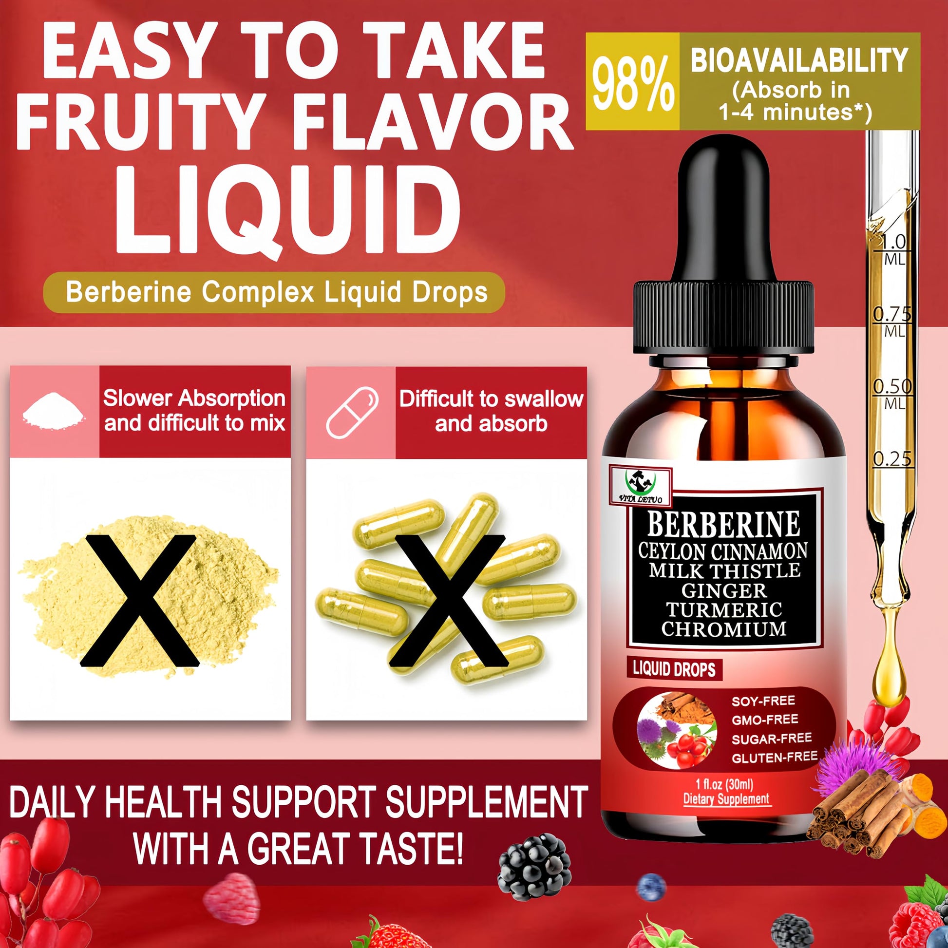 Berberine Drops, High Absorption 6-in-1 Liquid Berberine Supplement with Ceylon Cinnamon Milk Thistle Turmeric, Premium Berberine HCl for Immune Function Metabolic & Digestive Support, 30 Servings Vita letuo Au supplements