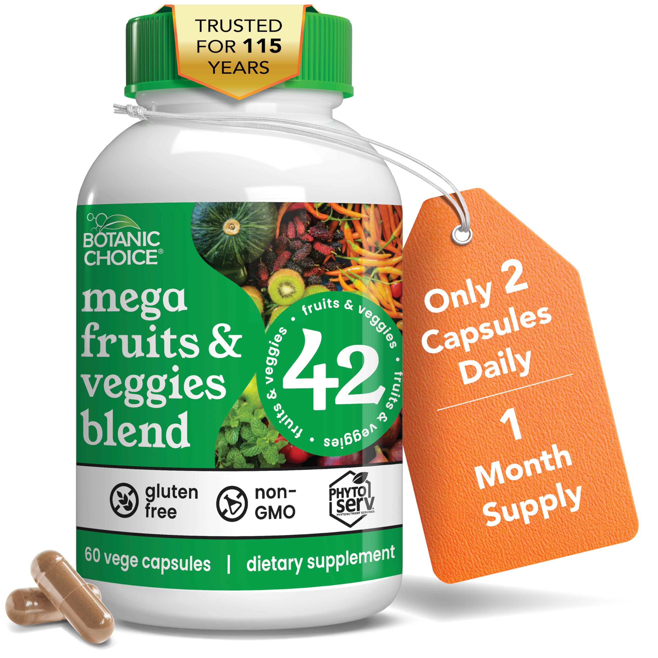 Botanic Choice Since 1910 - Mega Fruits & Veggies Blend - 42 Fruits and Vegetables - 2 Caps Daily - 60 Count Supplement Botanic Choice Au supplements
