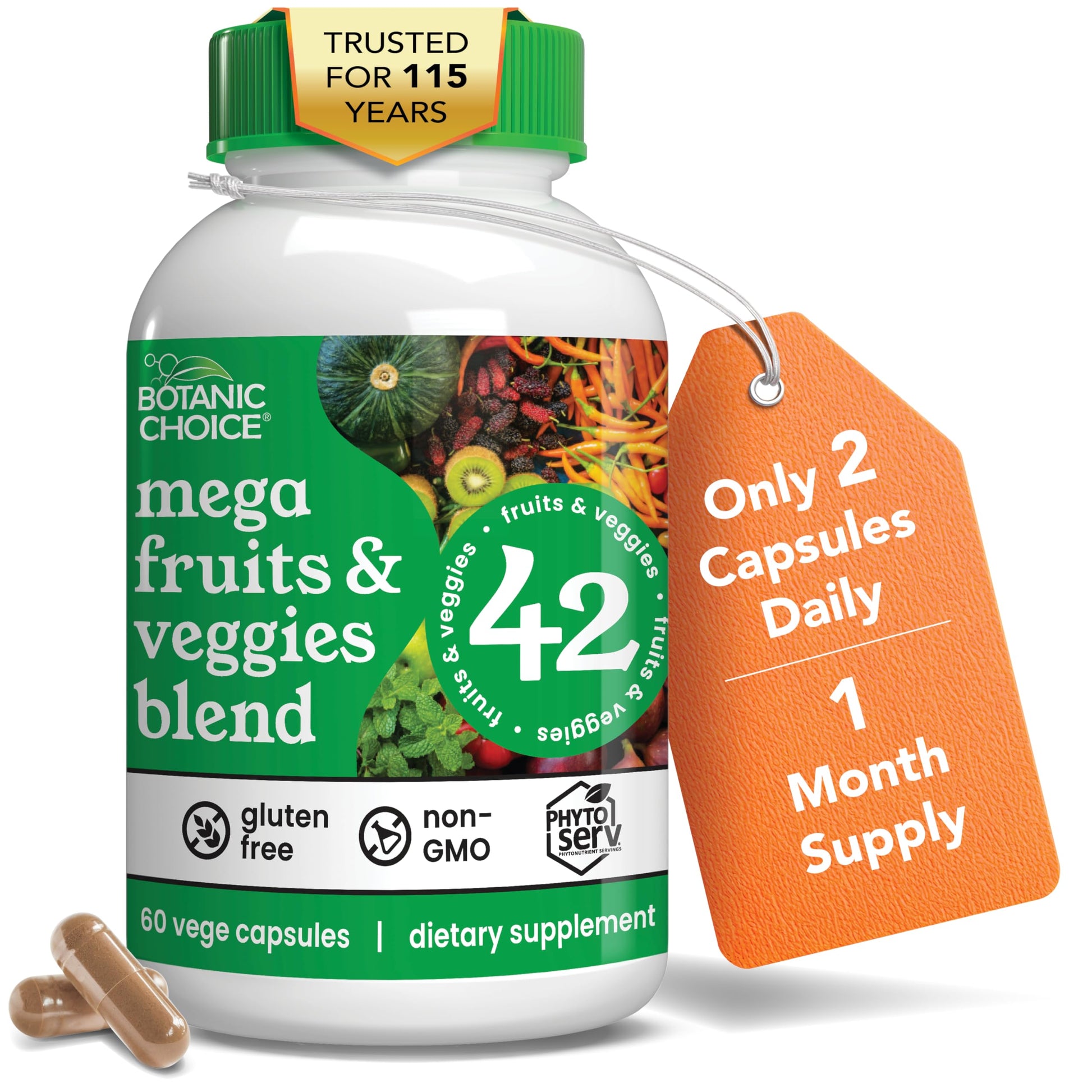 Botanic Choice Since 1910 - Mega Fruits & Veggies Blend - 42 Fruits and Vegetables - 2 Caps Daily - 60 Count Supplement Botanic Choice Au supplements