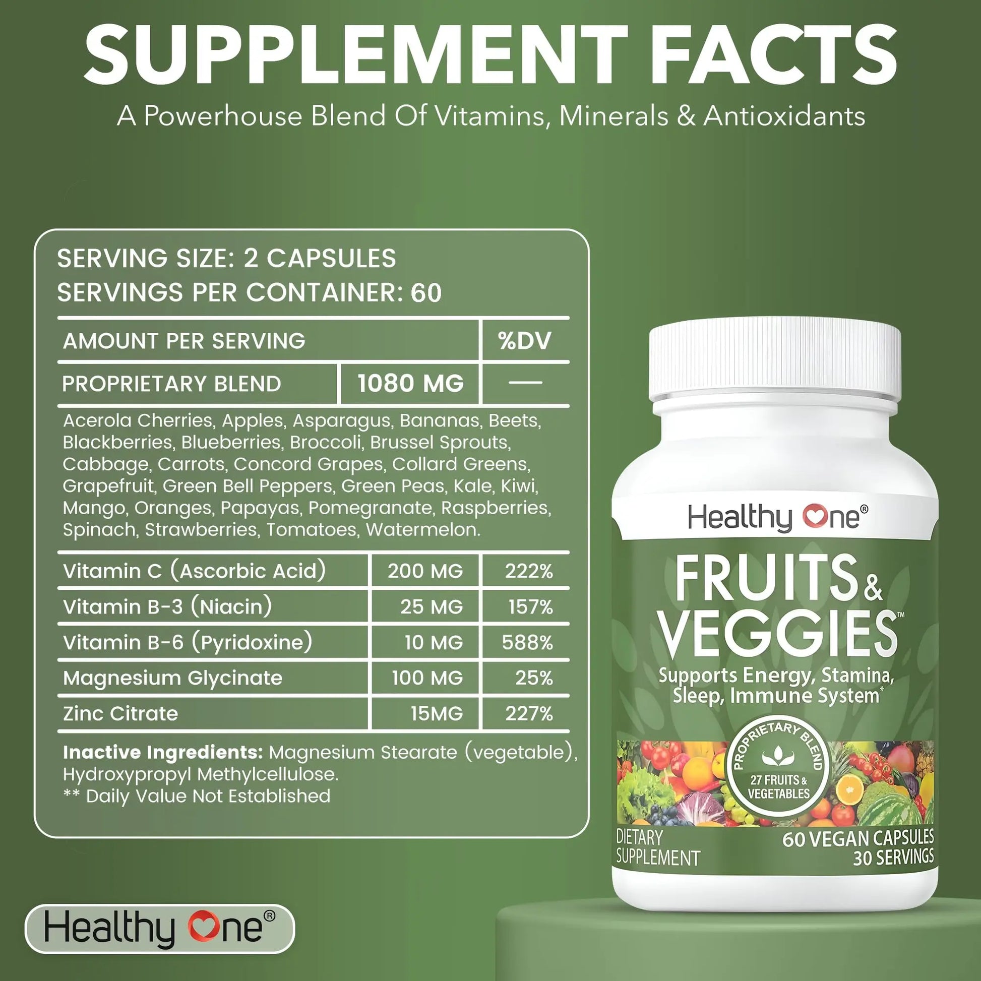Fruits & Veggies Formula - 27 Premium Whole Foods - Organic Ingredients - Equals 3 Servings of Fruits & Vegetables - Improve Energy, Focus & Immune Function - Fiber - Antioxidants - 120ct (60 Serv) Healthy One Au supplements