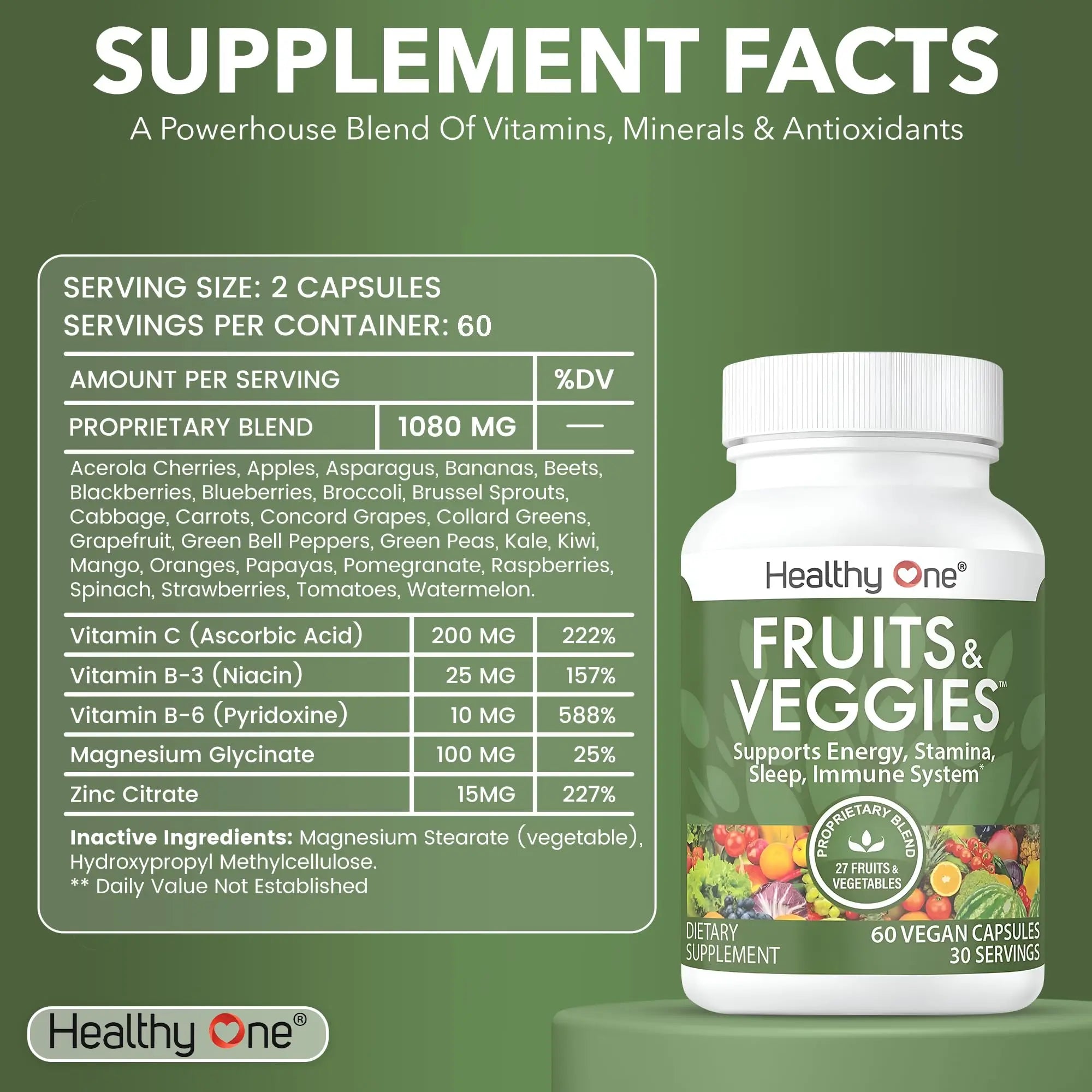 Fruits & Veggies Formula - 27 Premium Whole Foods - Organic Ingredients - Equals 3 Servings of Fruits & Vegetables - Improve Energy, Focus & Immune Function - Fiber - Antioxidants - 120ct (60 Serv) Healthy One Au supplements