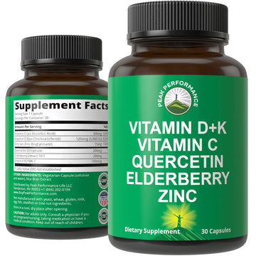 Immune Support Supplement with 6 Top Ingredients. Vitamin D3 K2 + Vitamin C + Elderberry + Zinc + Quercetin. Includes 5000 IU Vitamin D. Immunity Capsules. Supplements for Women and Men Peak Performance Au supplements