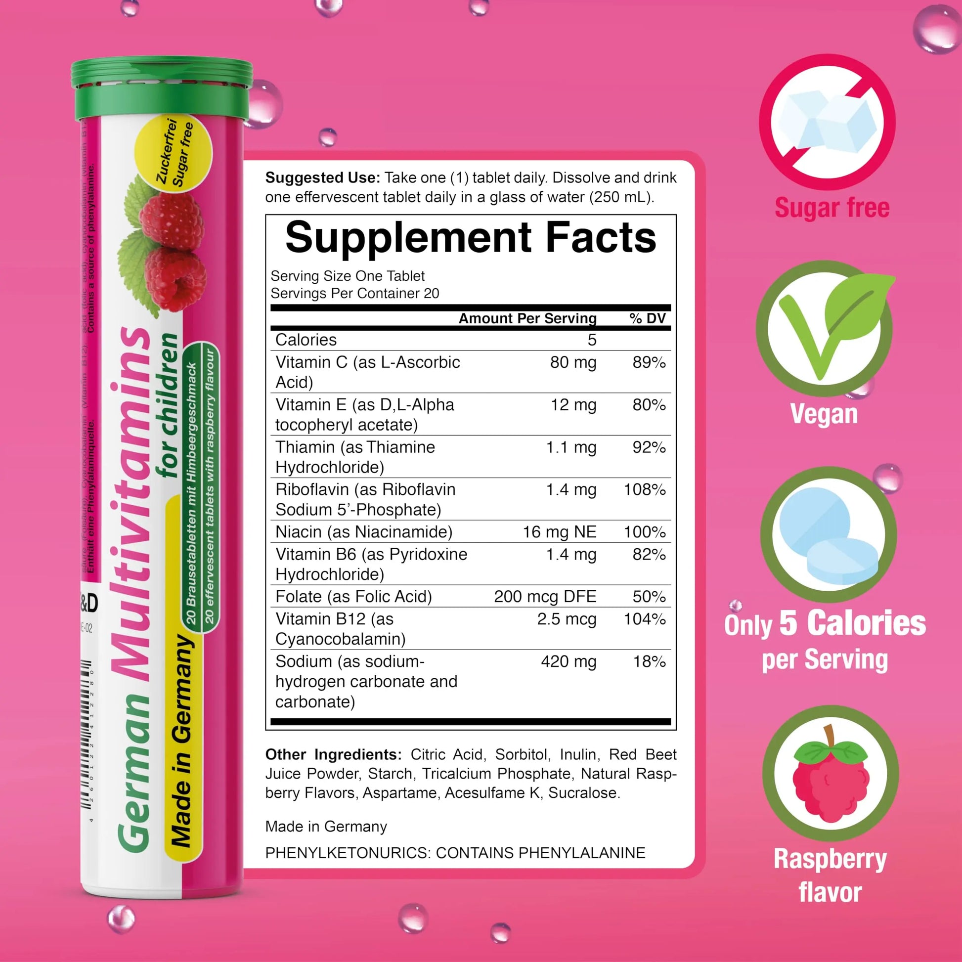 T&D German Multivitamin for Children 60 Drink Effervescent Tablets - Sweet Raspberry Flavour, Sugar Free, Vegan - Vitamin C, E, B1, B2, B6, B12 T&D Au supplements