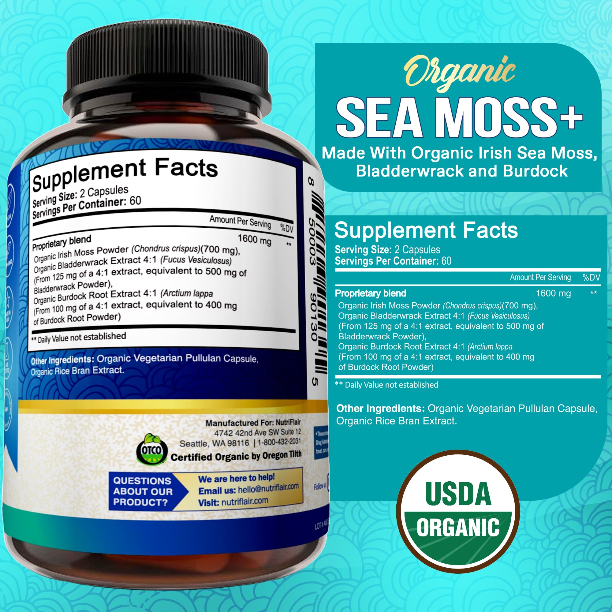 NutriFlair Organic Sea Moss 1600mg, 120 Capsules Plus Bladderwrack & Burdock - Prebiotic Super Food - Immune System & Digestive Health - Thyroid, Healthy Skin, Keto Detox, Gut NutriFlair Au supplements
