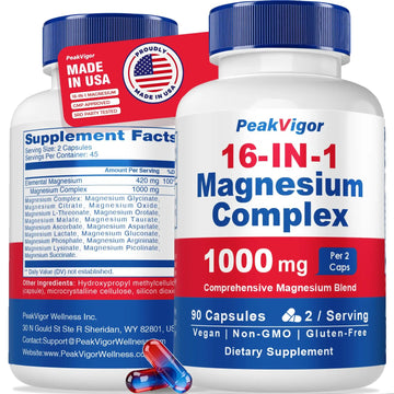 16 in 1 Magnesium Complex, 1000mg Magnesium Complex Supplement for Women with Magnesium Glycinate, Citrate, Orotate, L-Threonate, Malate, Third-Party Tested, Easy-Swallow Vegan Capsules PeakVigor Au supplements