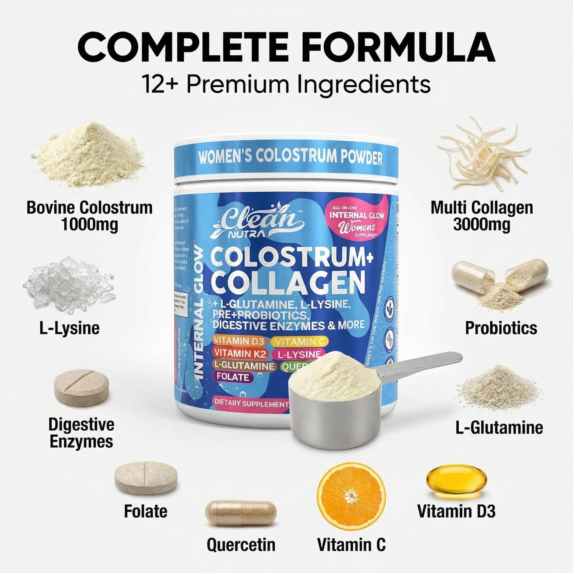 Bovine Colostrum Powder + Collagen Peptides with L-Glutamine L-Lysine Prebiotics Probiotics Digestive Enzymes Vitamin D K2 C Quercetin & Folate | Gut Health Supplement Internal Glow By Clean Nutra Clean Nutraceuticals Au supplements