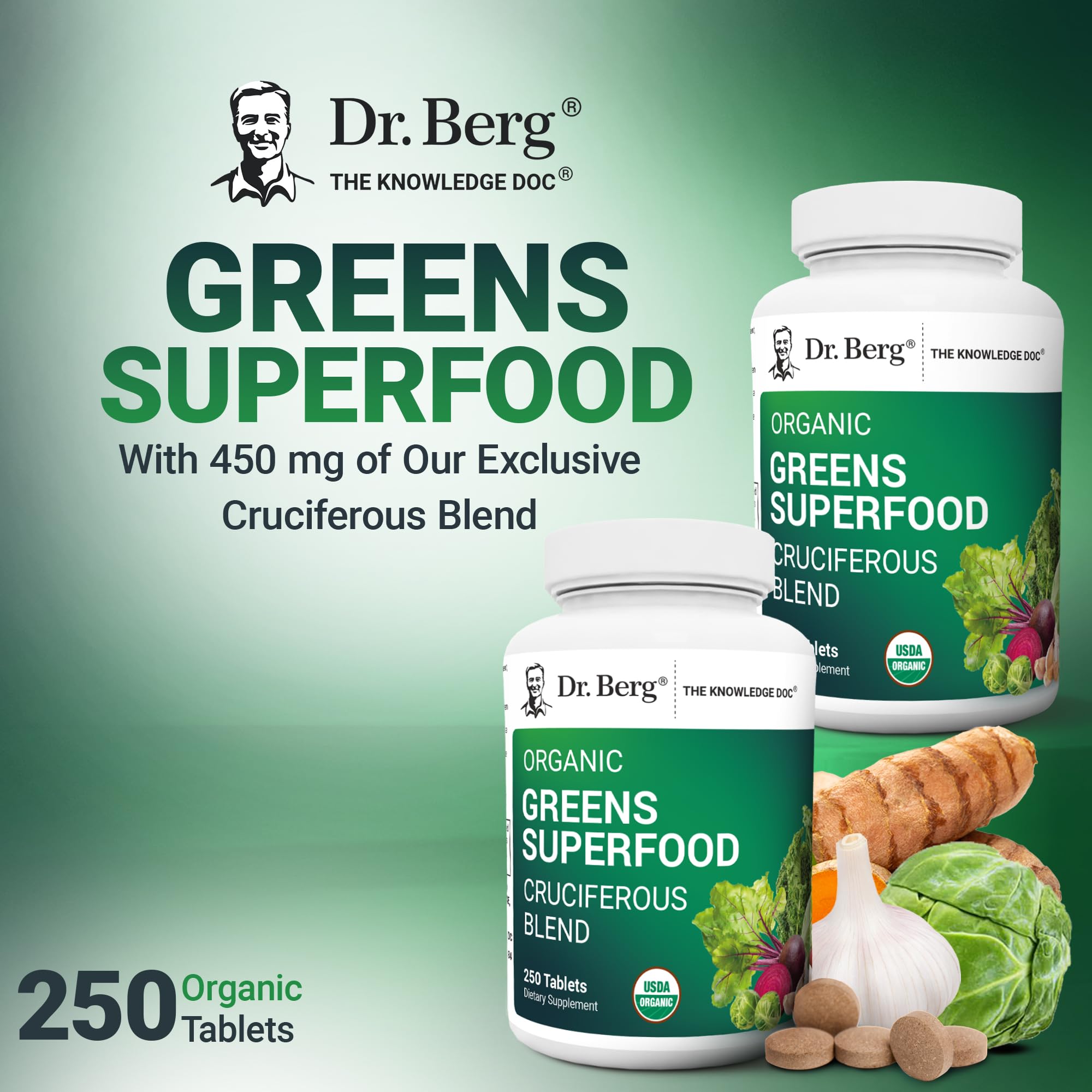 Dr. Berg's Greens Superfood Cruciferous Vegetable Tablets - Vegetable Supplements for Adults w/ 11 Phytonutrient Super Greens Tablets - Energy, Immune System & Liver Veggie Tablets - 250 Tablets Dr. Berg Nutritionals Au supplements