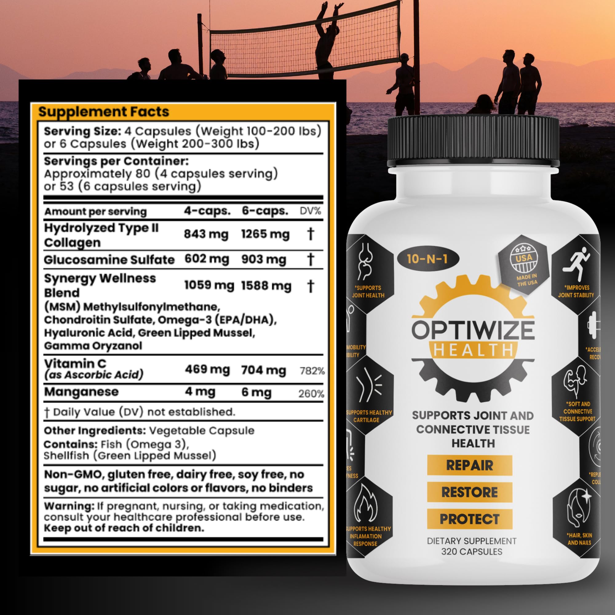 OptiWize 10-N-1 Joint Support Hydrolyzed Collagen,MSM, Hyaluronic Acid, Glucosamine,Chondroitin & More- Targets Joint Discomfort, Improves Mobility & Flexibility 320 Caps for Men & Women Made in USA OptiWize Au supplements